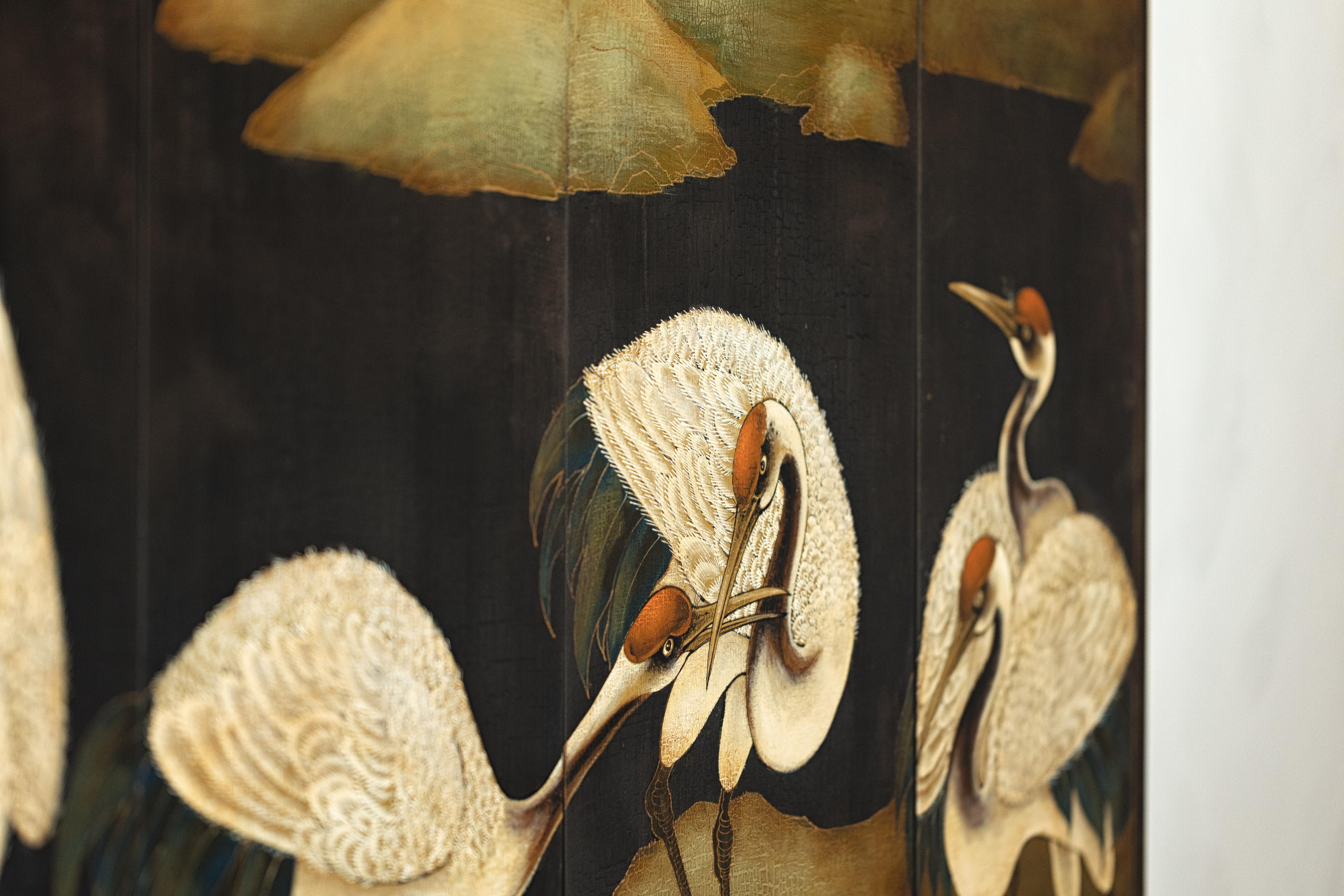 Hand-Painted Six-Panel Screen with Red-Crested Cranes and Gold Floral Reverse 13
