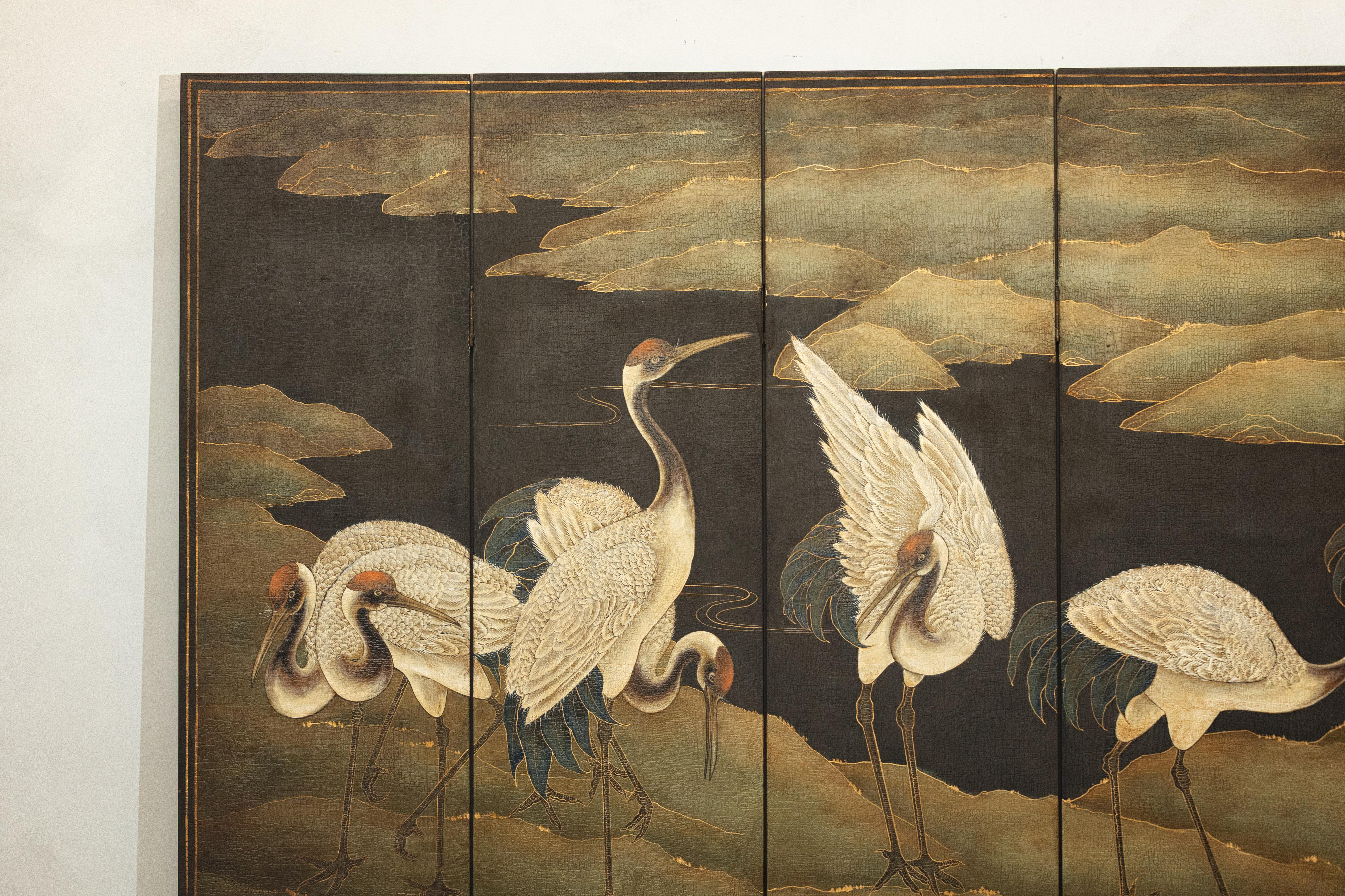 Chinese Hand-Painted Six-Panel Screen with Red-Crested Cranes and Gold Floral Reverse