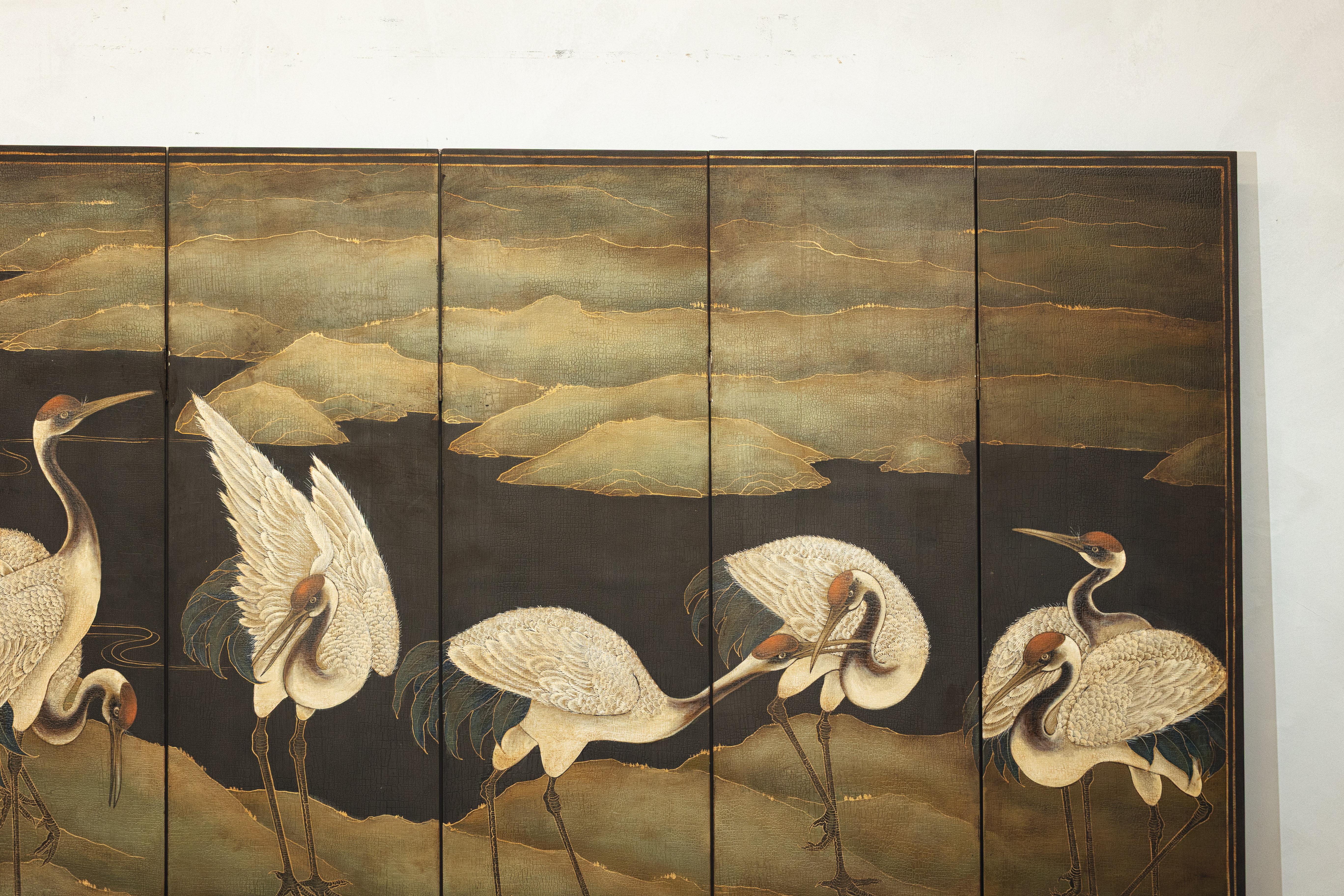 Hand-Painted Six-Panel Screen with Red-Crested Cranes and Gold Floral Reverse In Good Condition In Yonkers, NY