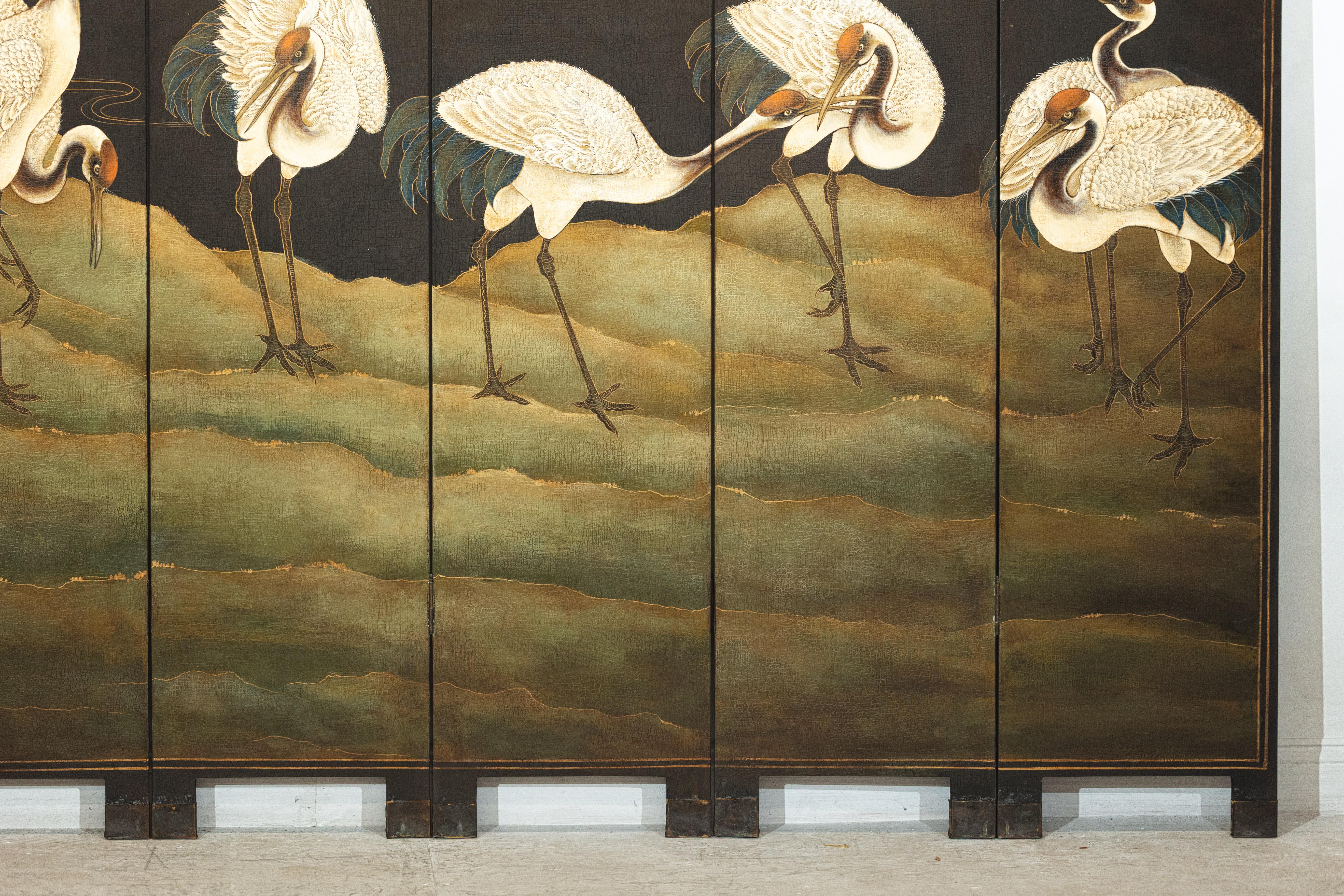 20th Century Hand-Painted Six-Panel Screen with Red-Crested Cranes and Gold Floral Reverse