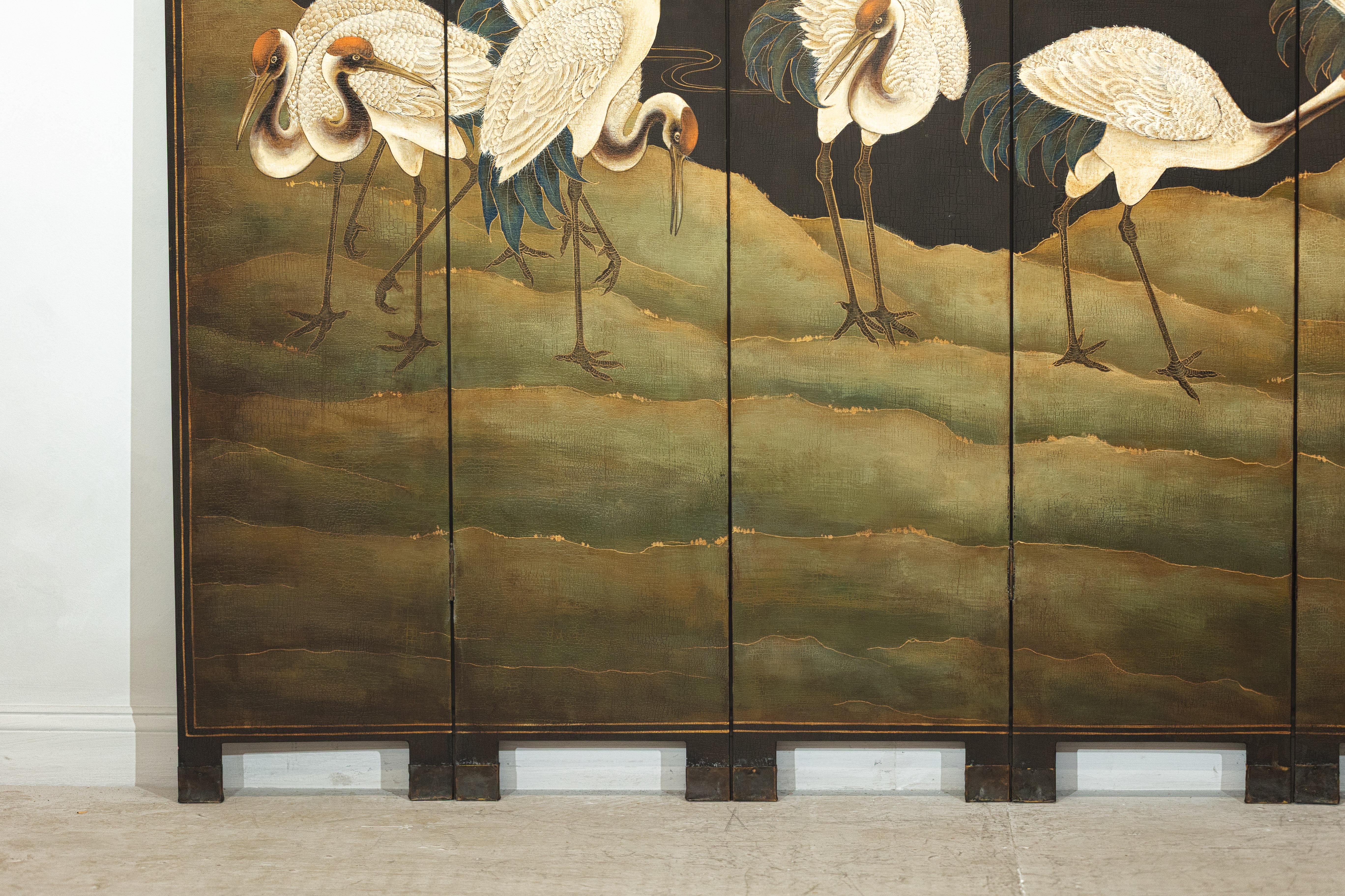 Wood Hand-Painted Six-Panel Screen with Red-Crested Cranes and Gold Floral Reverse