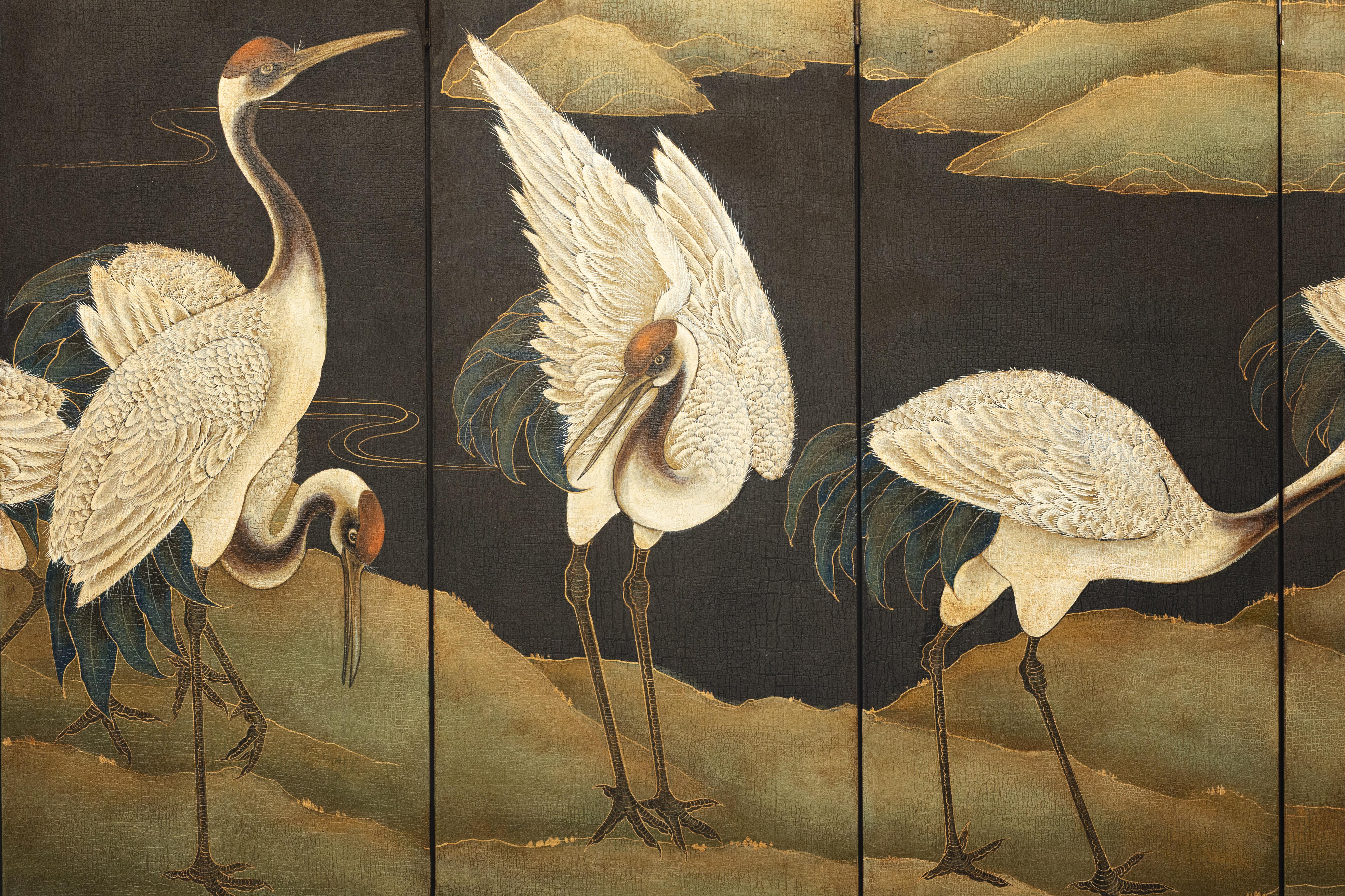 Hand-Painted Six-Panel Screen with Red-Crested Cranes and Gold Floral Reverse 2