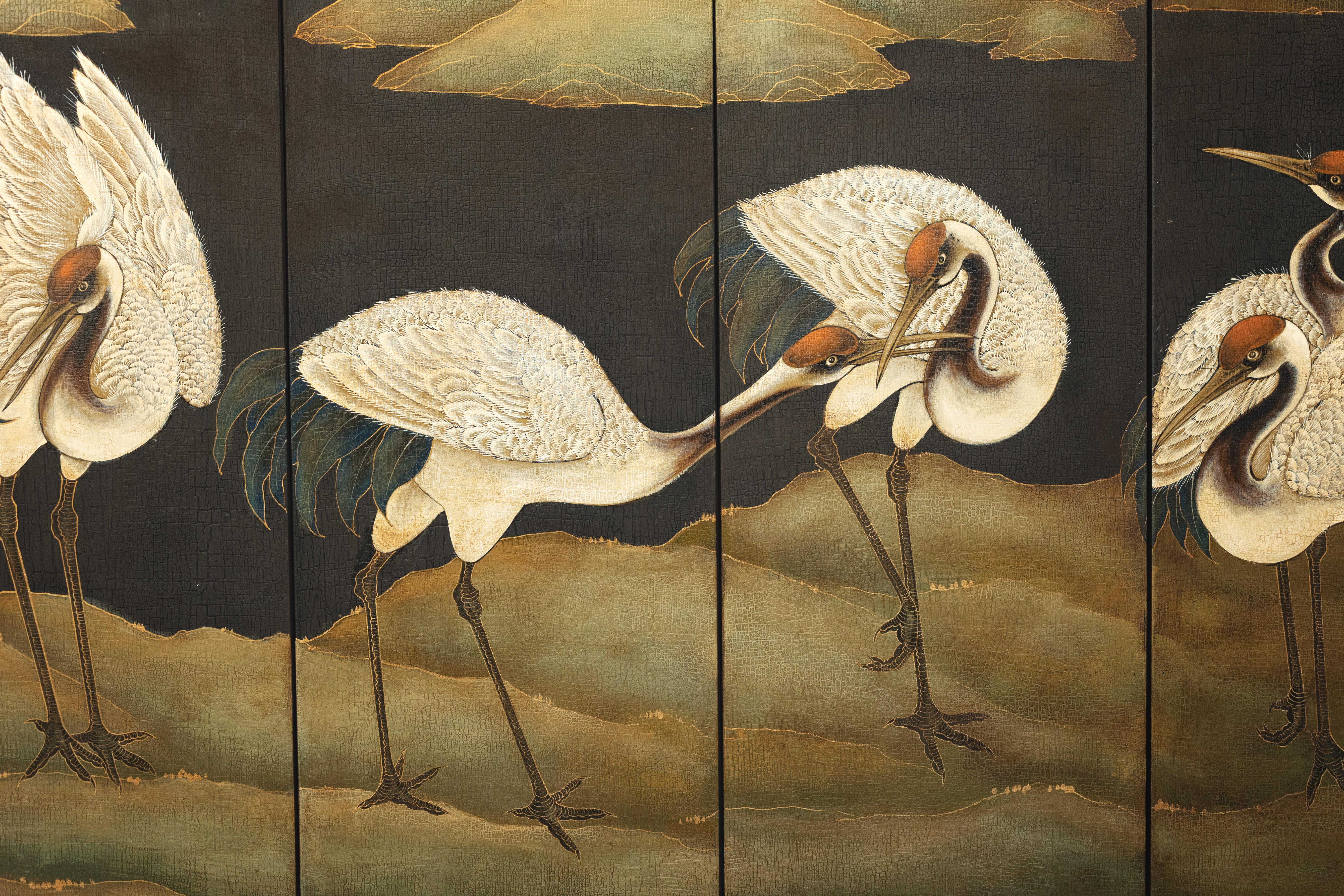 Hand-Painted Six-Panel Screen with Red-Crested Cranes and Gold Floral Reverse 3