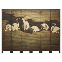 Hand-Painted Six-Panel Screen with Red-Crested Cranes and Gold Floral Reverse