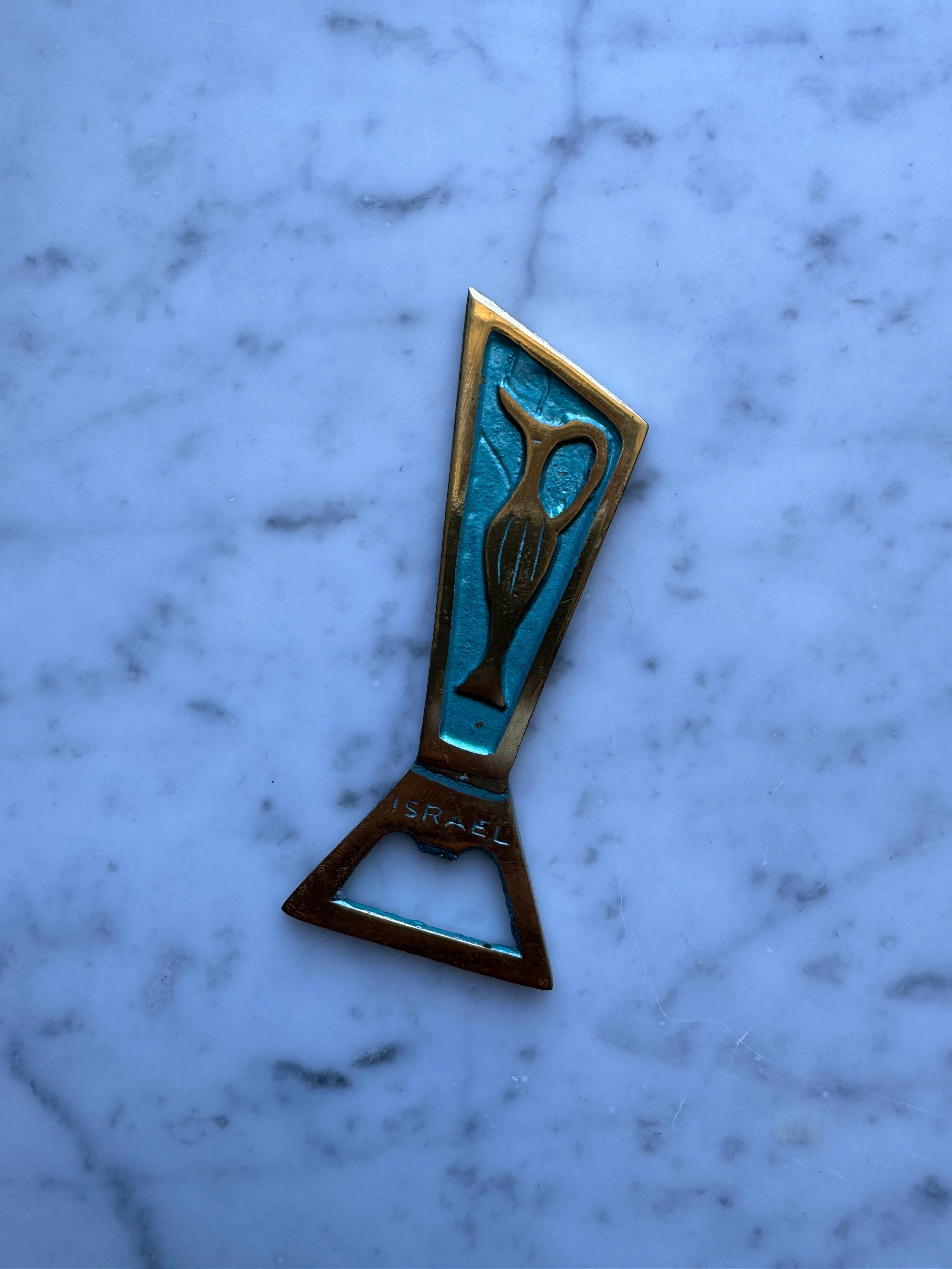 Mid-Century Modern Hand Painted Solid Brass Bottle Opener, Israel 1960's For Sale
