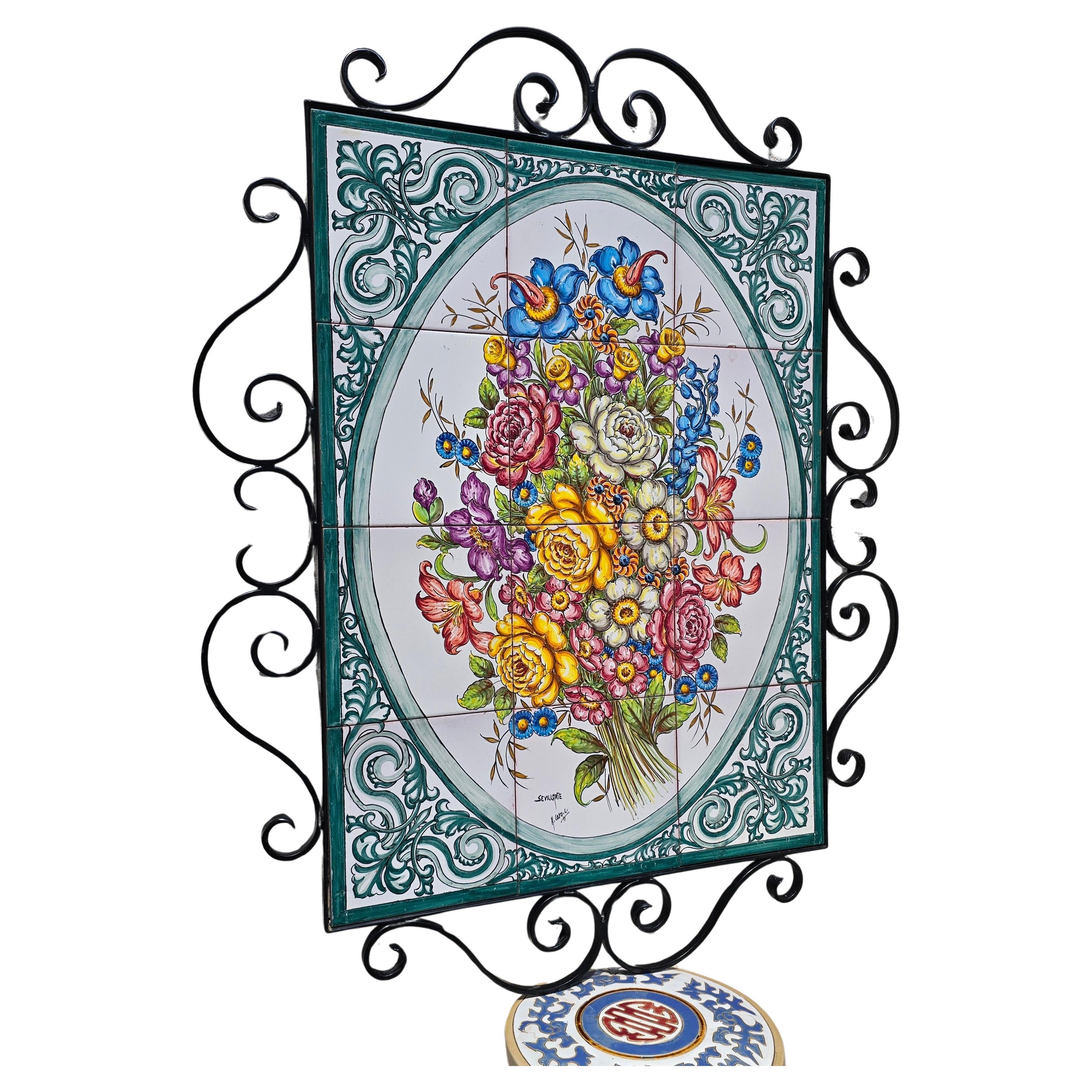 Hand-Painted Spanish Ceramic Tile Mural by Sevillarte, Signed by H. Carol C. — Floral Still Life, ca. Late 20th Century

This stunning ceramic tile mural is a vivid testament to the rich artisanal heritage of Andalusia, Spain. Composed of twelve