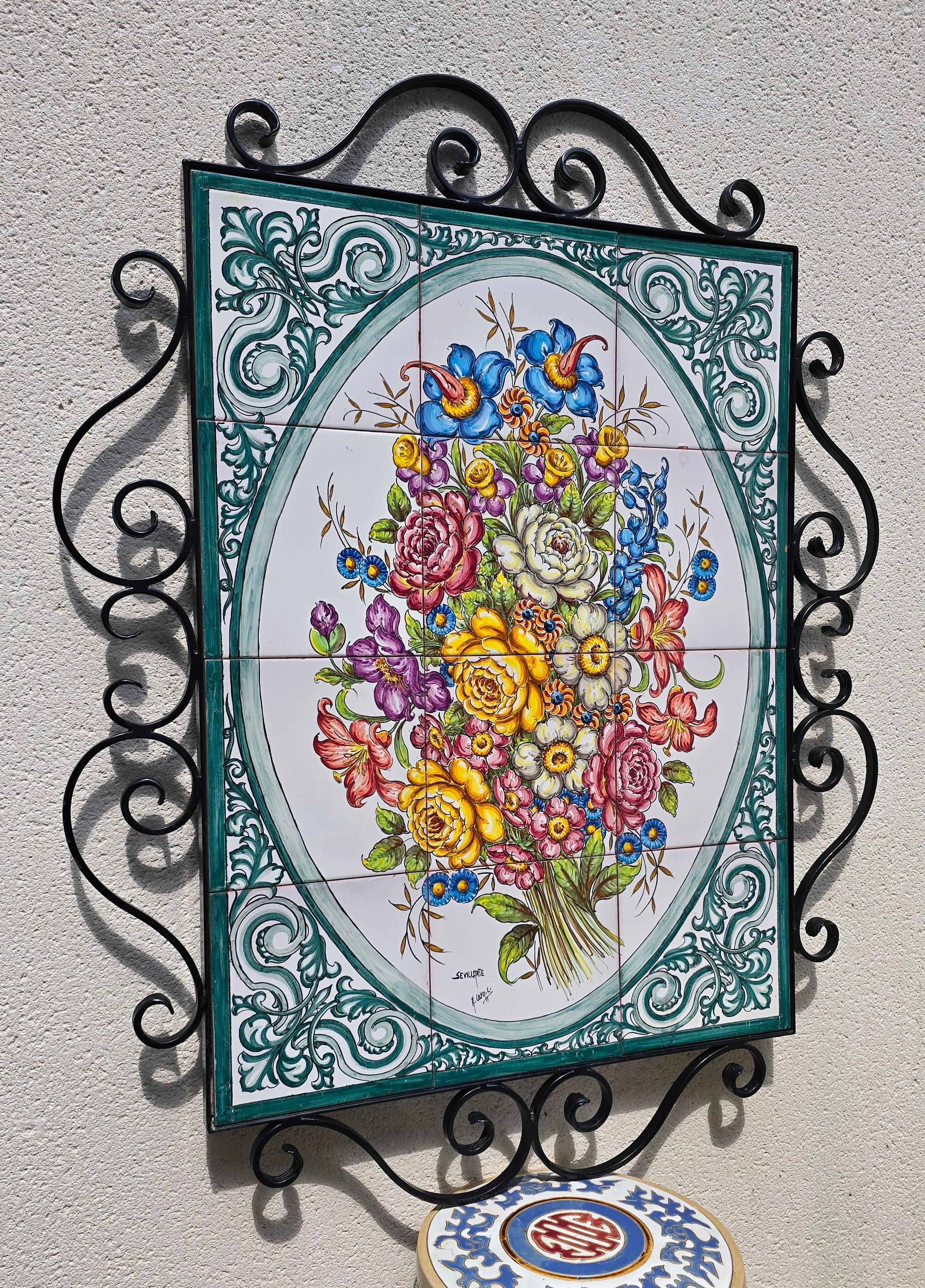 Hand-Painted Spanish Ceramic Tile Mural by Sevillarte (Volkskunst) im Angebot