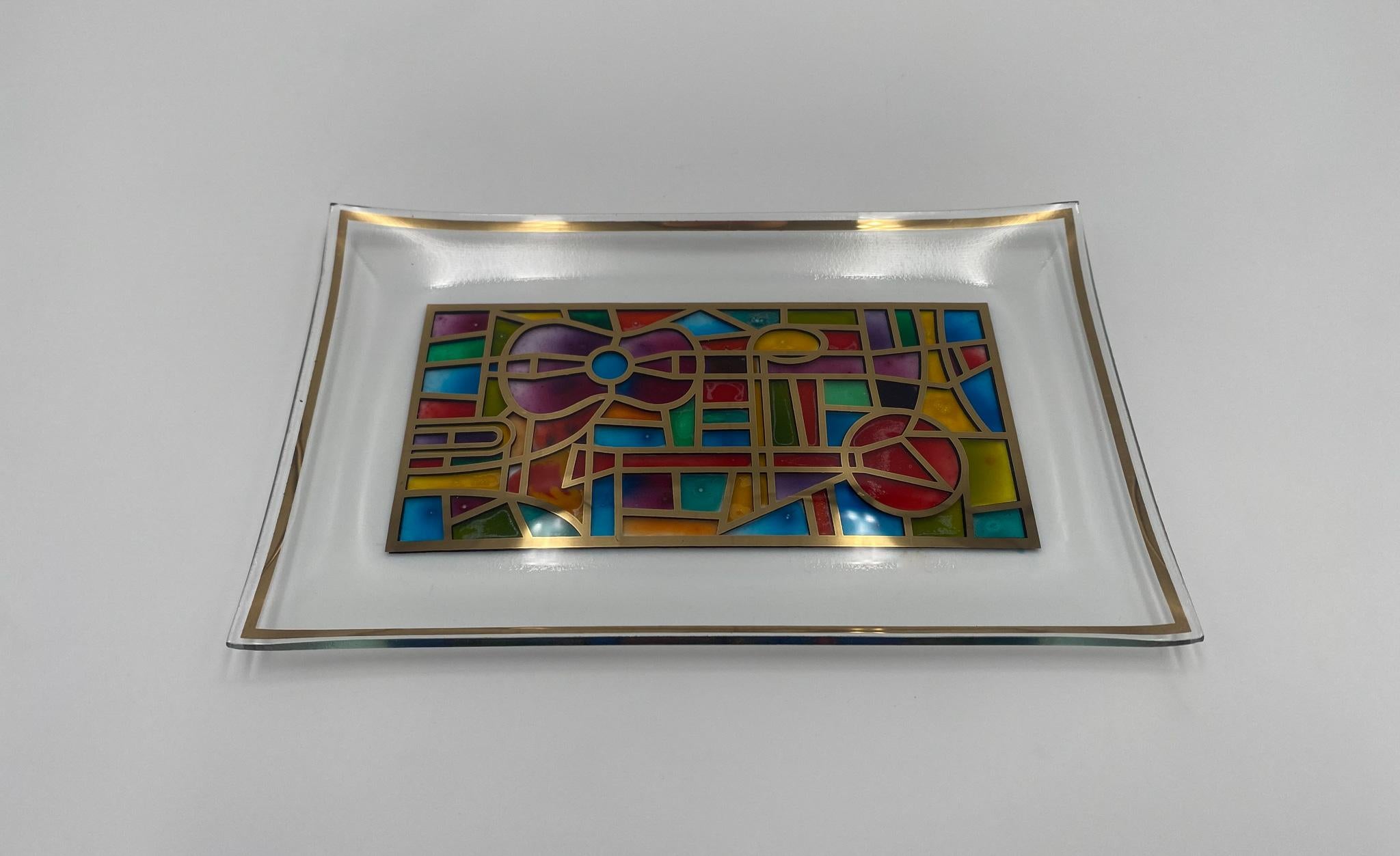 Mid-Century Modern Hand Painted Stained Glass Tray, United States, 1960's  For Sale