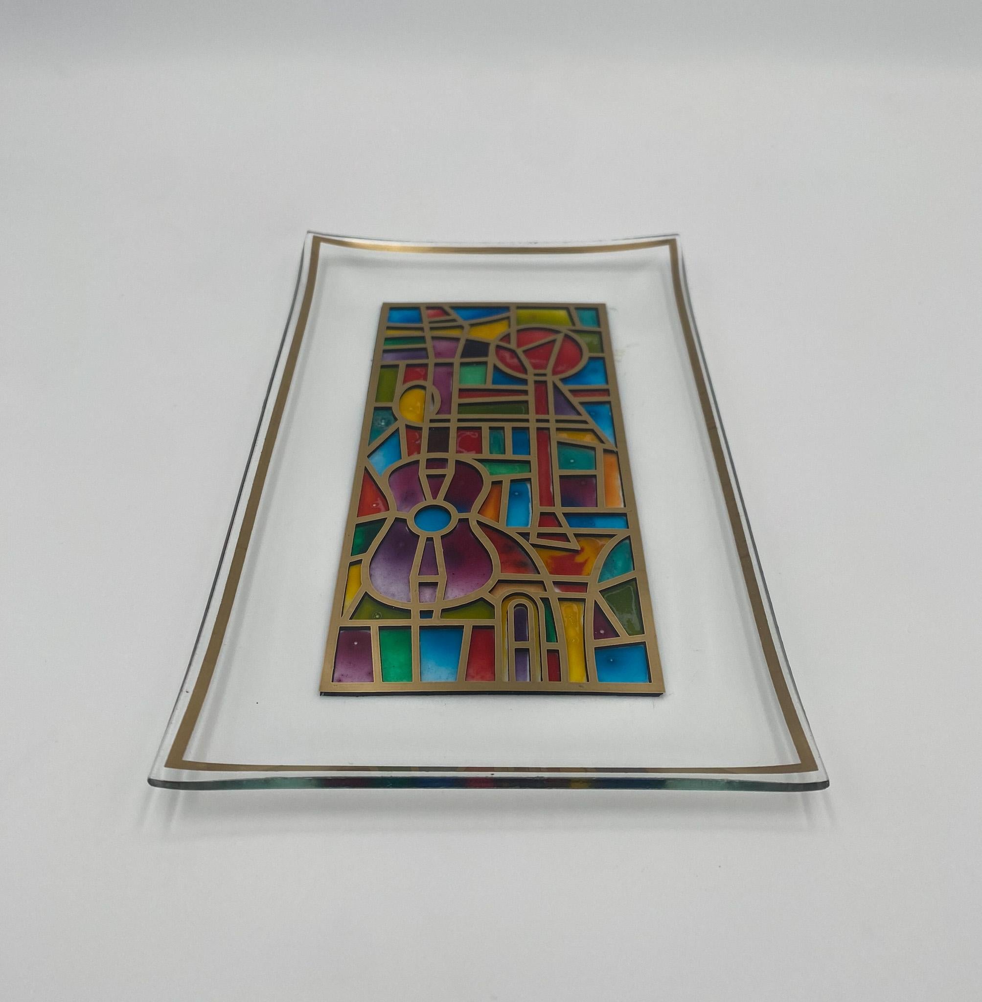 American Hand Painted Stained Glass Tray, United States, 1960's  For Sale