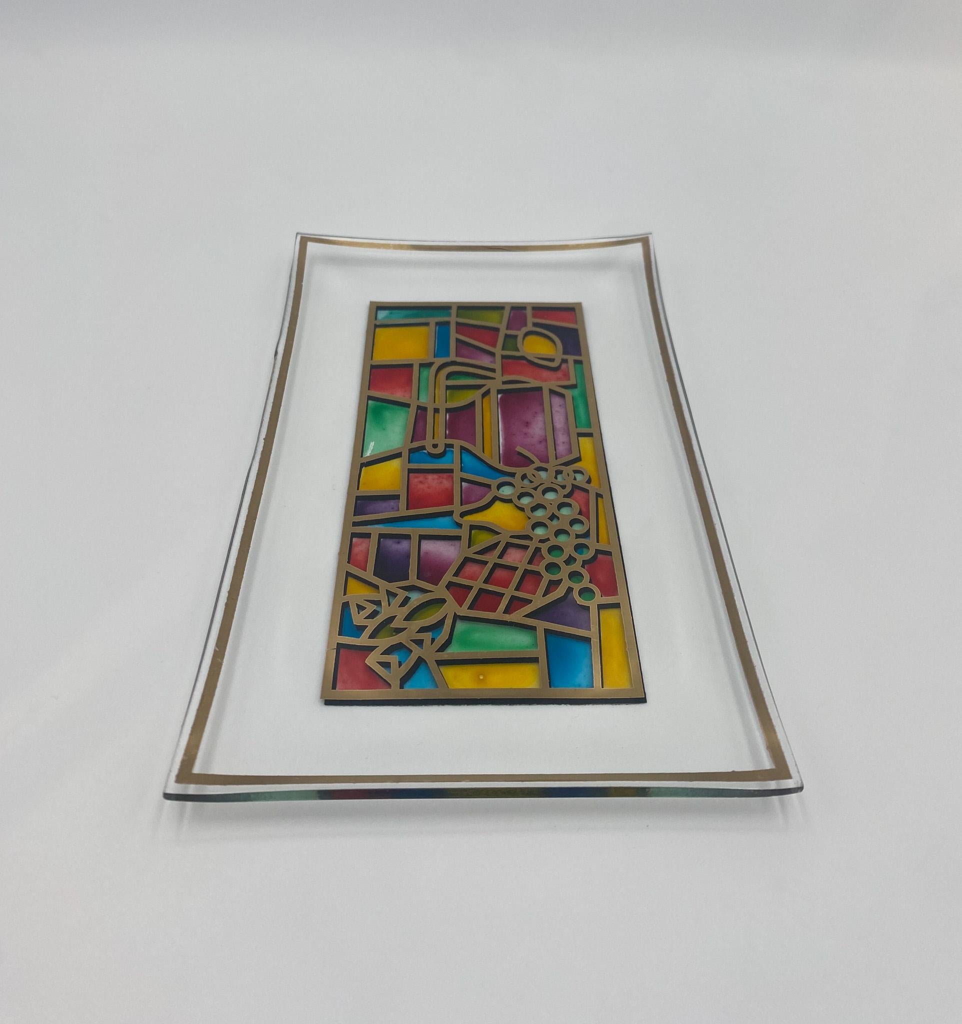 American Hand Painted Stained Glass Tray, United States, 1960's For Sale