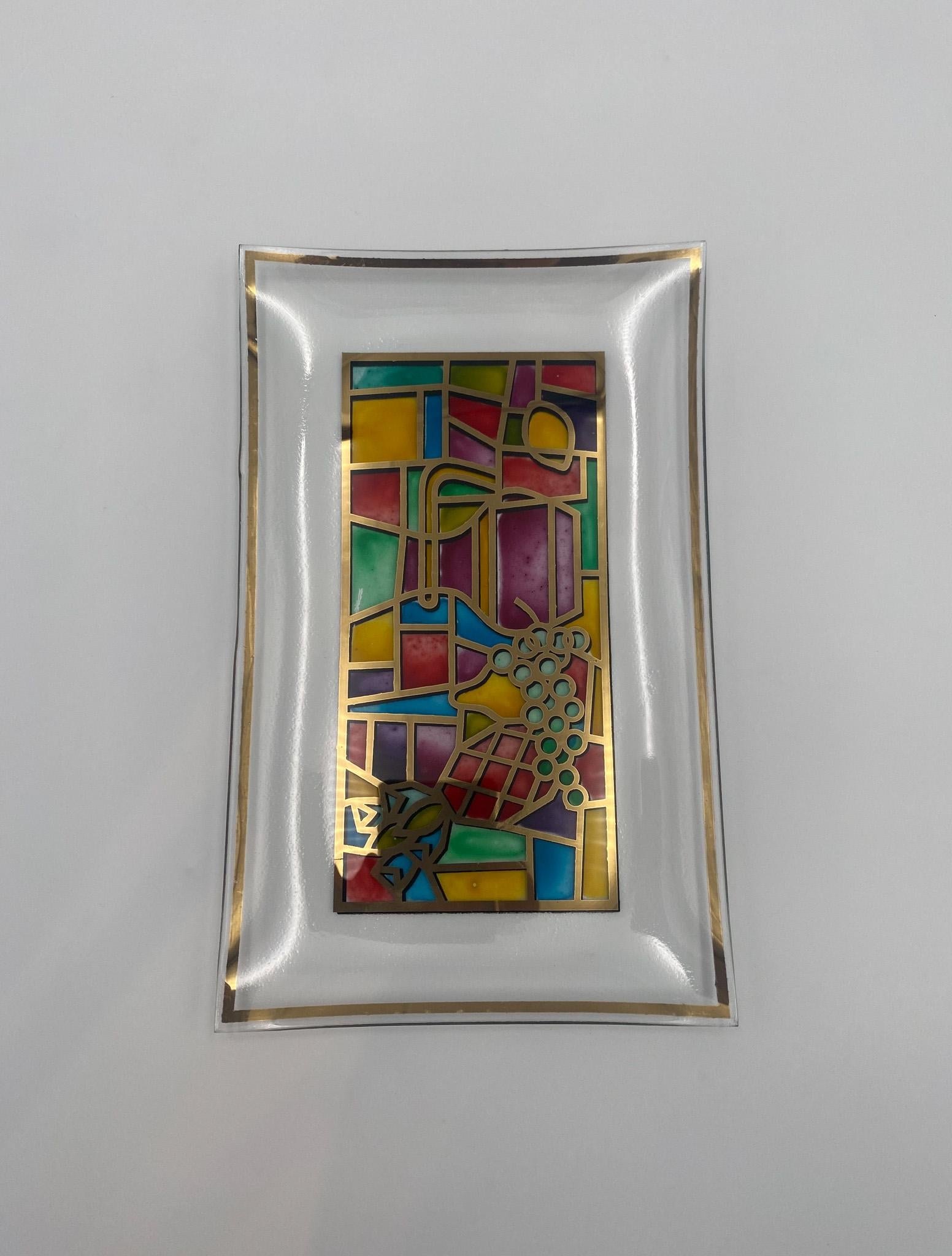 Hand Painted Stained Glass Tray, United States, 1960's In Good Condition For Sale In Costa Mesa, CA