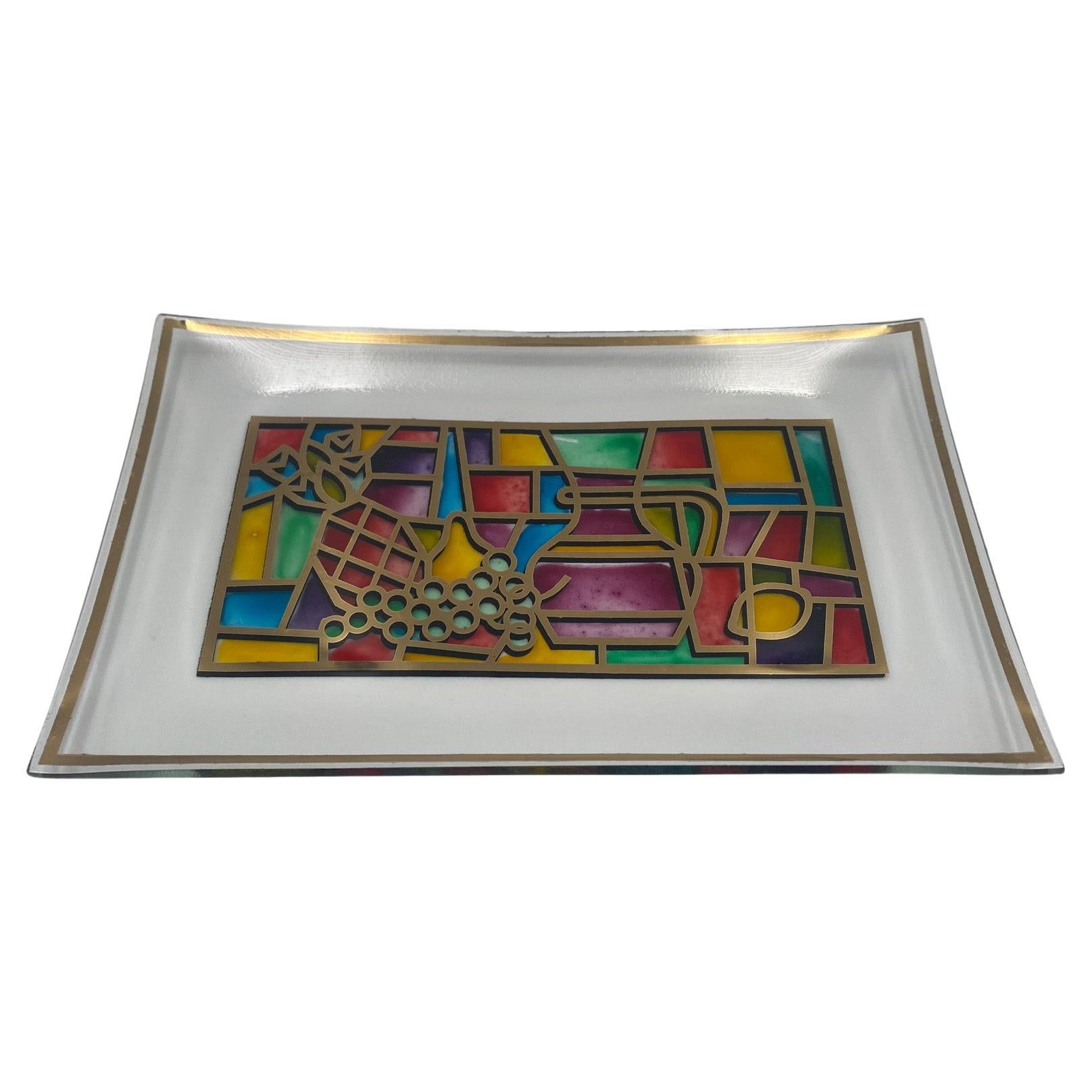 Hand Painted Stained Glass Tray, United States, 1960's For Sale
