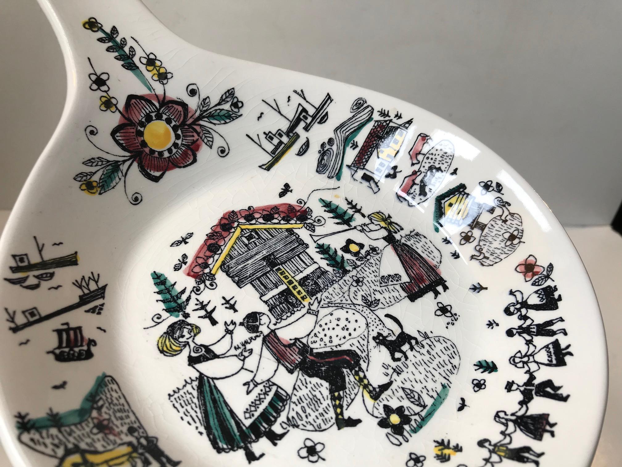 Mid-Century Modern Hand-Painted Stavangerflint Dish by Inger Waage, 1950s For Sale