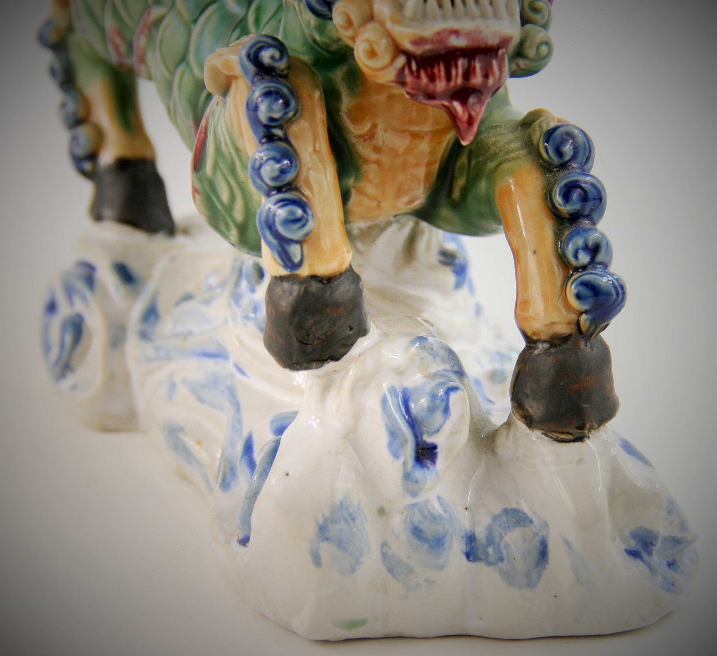Ceramic Hand Painted Stoneware Foo Lion Sculpture