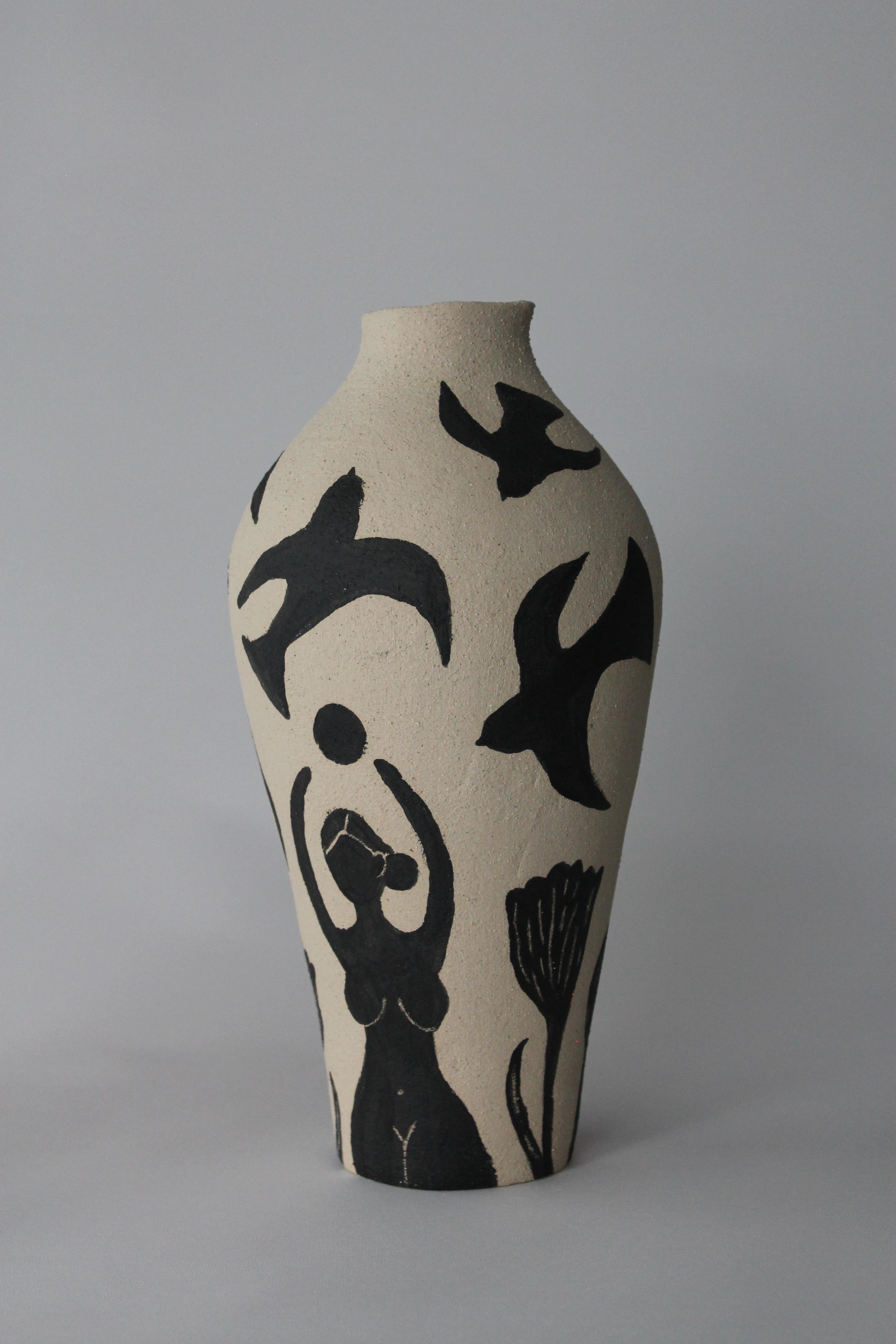 Hand-Painted Stoneware Vase “Freedom Ritual” – Sculptural Ceramic Art Object, Wa For Sale