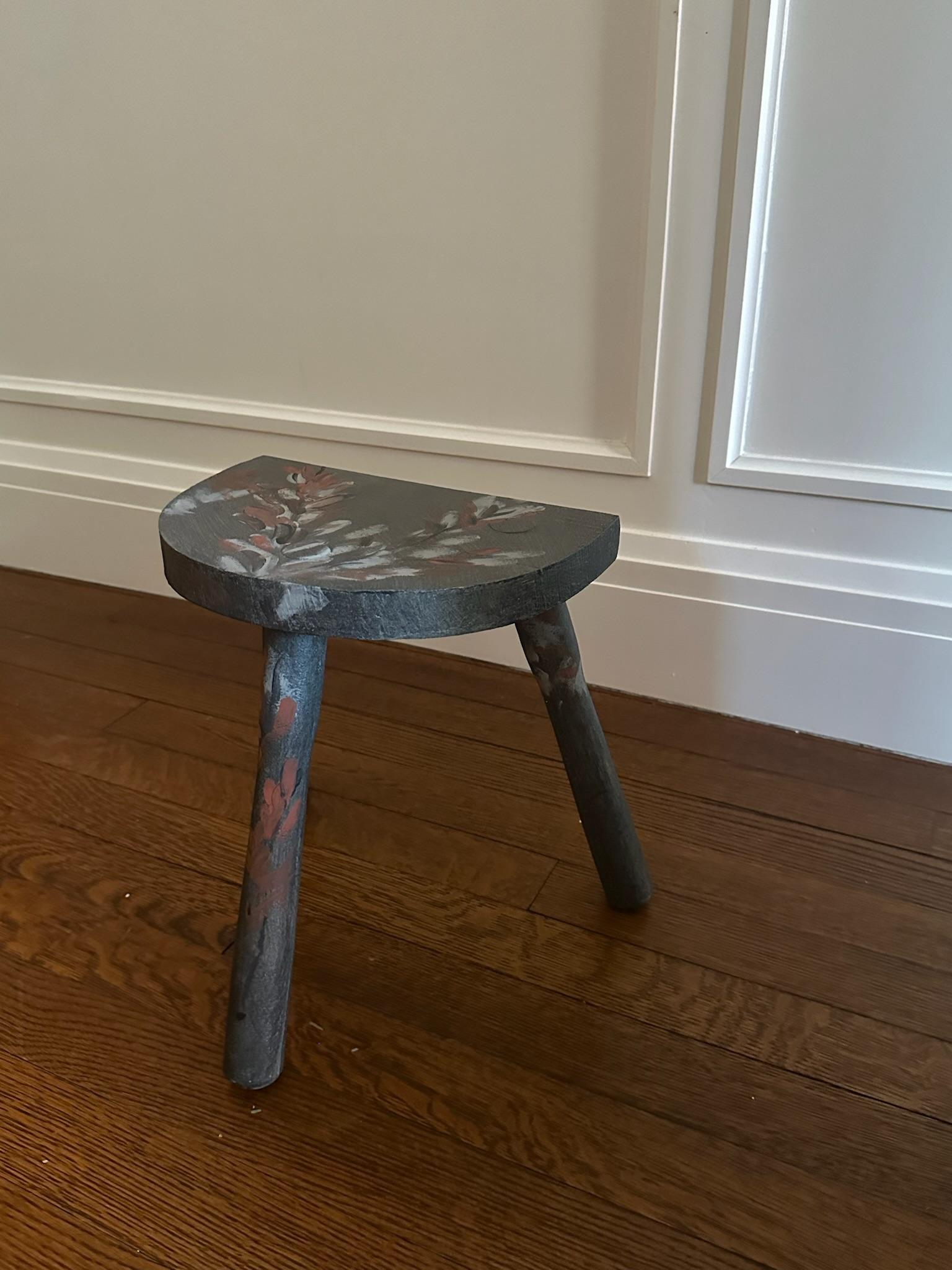 Custom hand-painted small wooden milking stool. This is a one-of-a-kind piece handpainted by James Mobley in Los Angeles, CA.