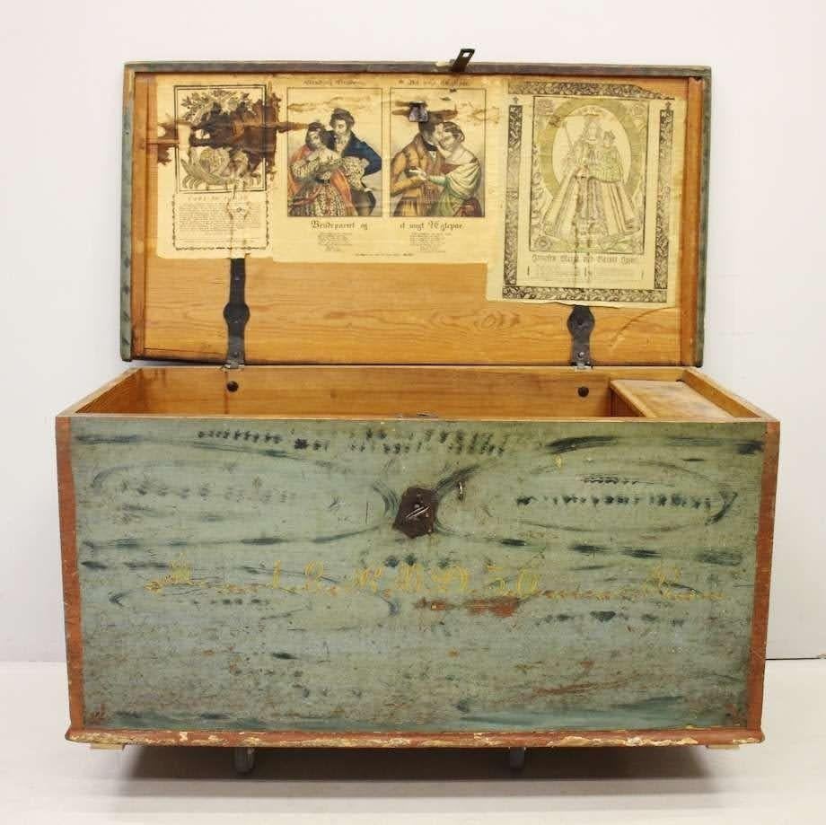 Blue-green hand-painted Swedish marriage trunk with yellow initials & date c.1830. Original hand painting in cool green and blue, date and initials overlaid in yellow. Original steel hardware side handles, lock and key increase the charm and value