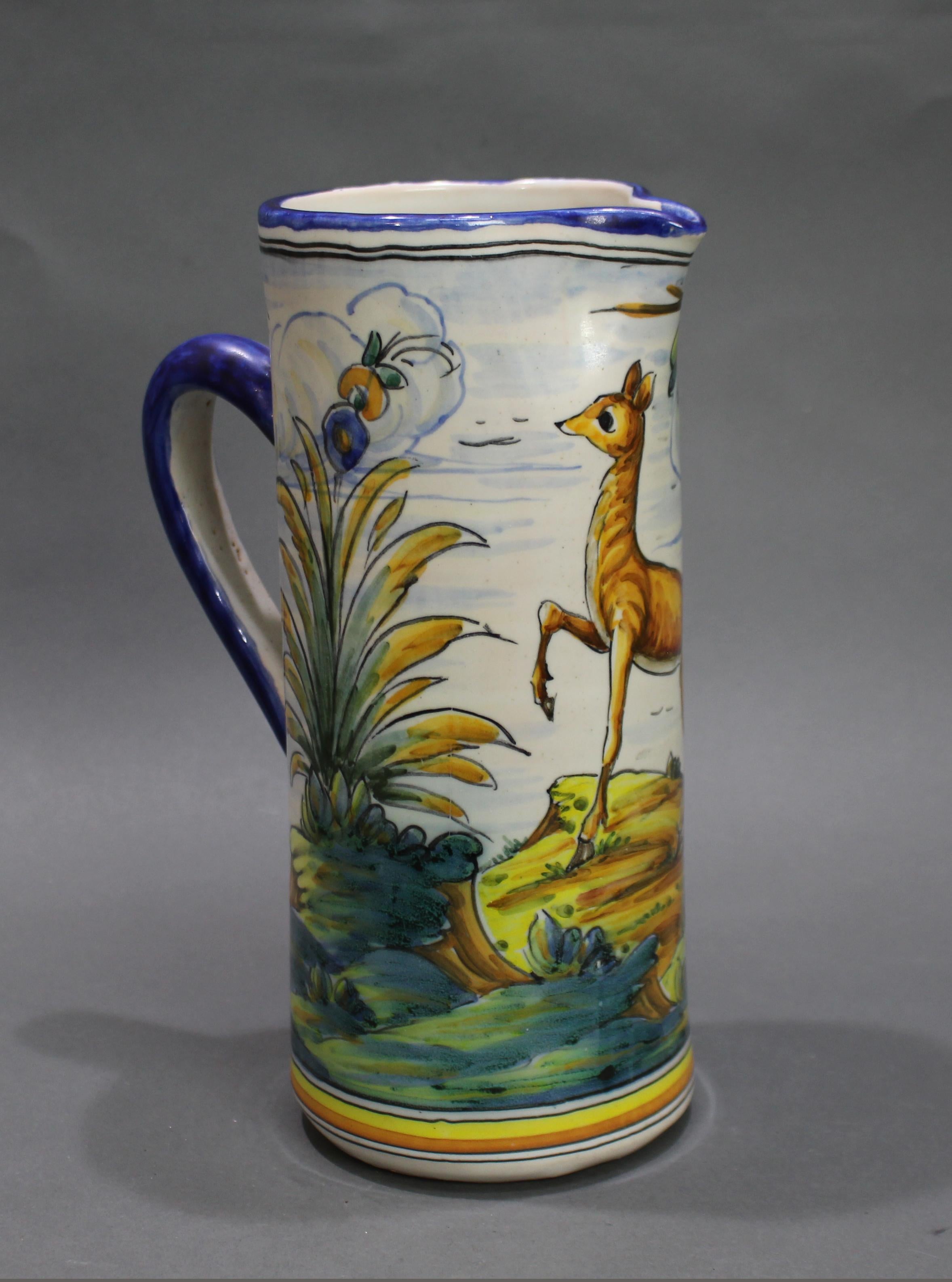 Hand-Painted Talavera Ceramic Jug by Mave, Spain, Mid-20th Century
A finely hand-painted Talavera ceramic jug, crafted in Spain and signed Talavera Mave to the underside. Cylindrical in form with a subtly flared rim, shaped spout and cobalt-glazed