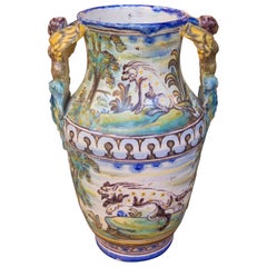 Hand-painted Talavera Glazed Ceramic Vase with Figurative Handles