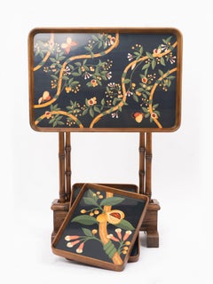 Hand Painted Teak Folding Table, Nesting Trays, Base with Faux Bamboo Legs