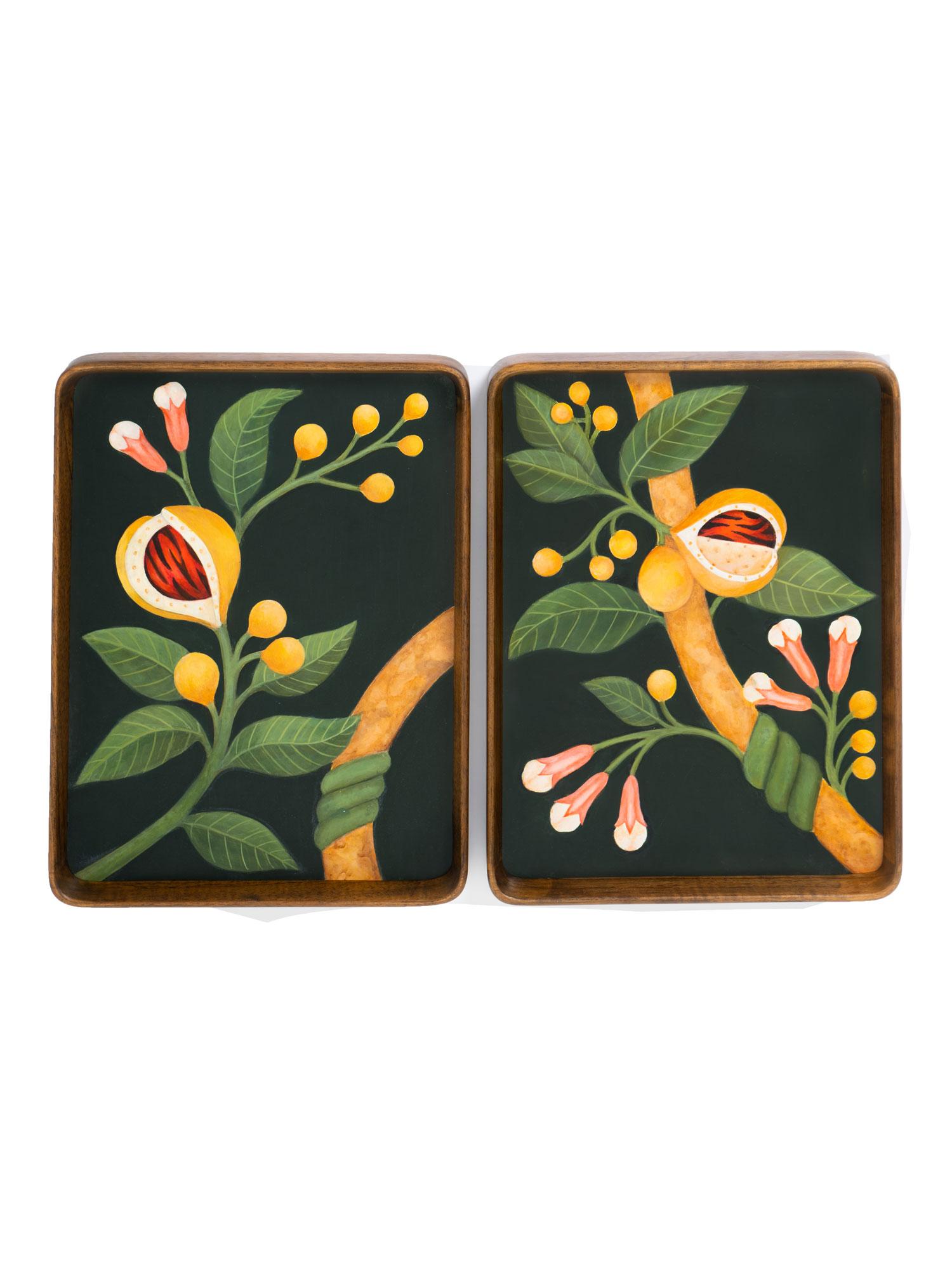 XXIe siècle et contemporain Table pliante en teck peinte à la main, plateaux gigognes, base avec pieds en faux bambou en vente