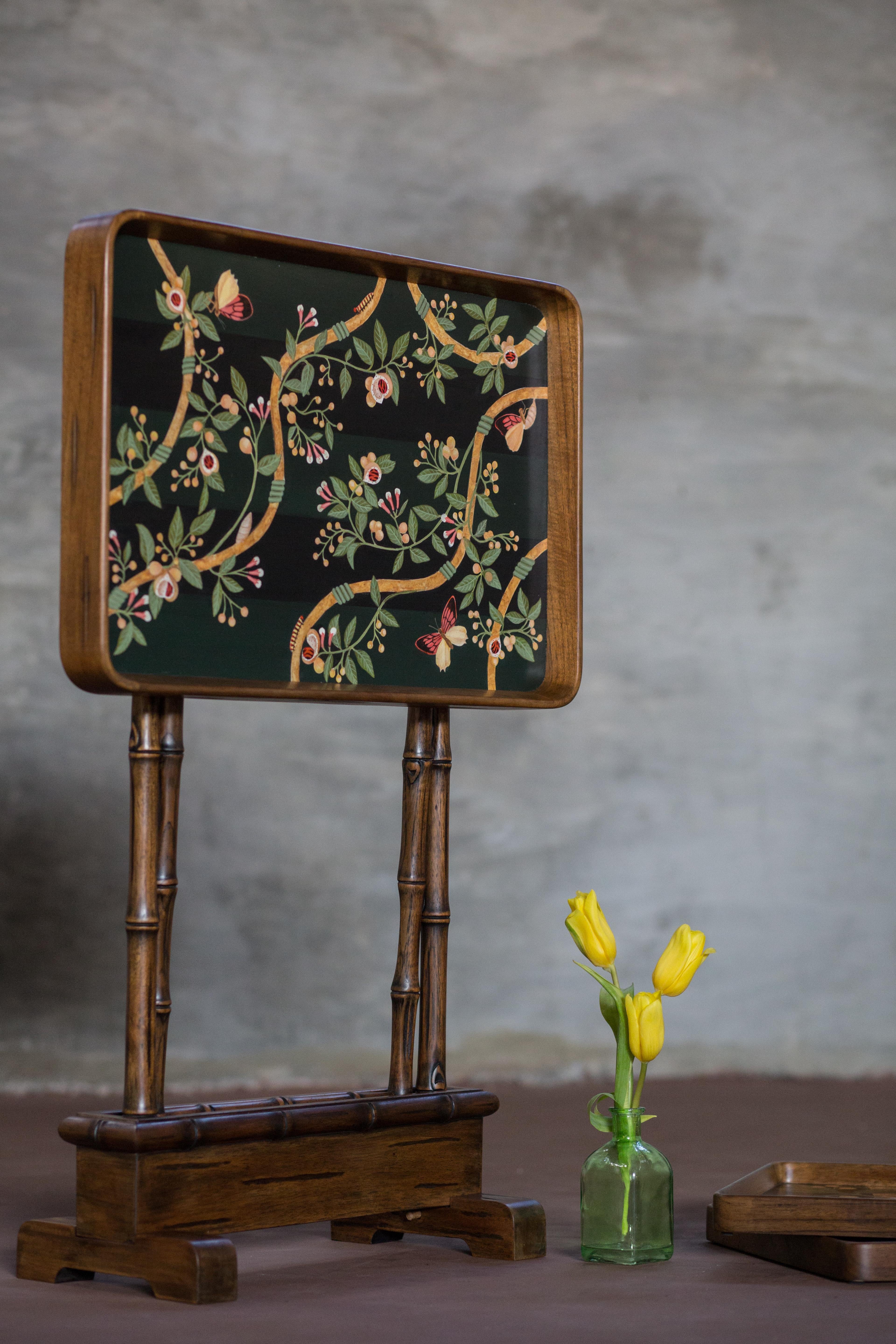 Embossed Hand Painted Teak Folding Table, Nesting Trays, Base with Faux Bamboo Legs For Sale