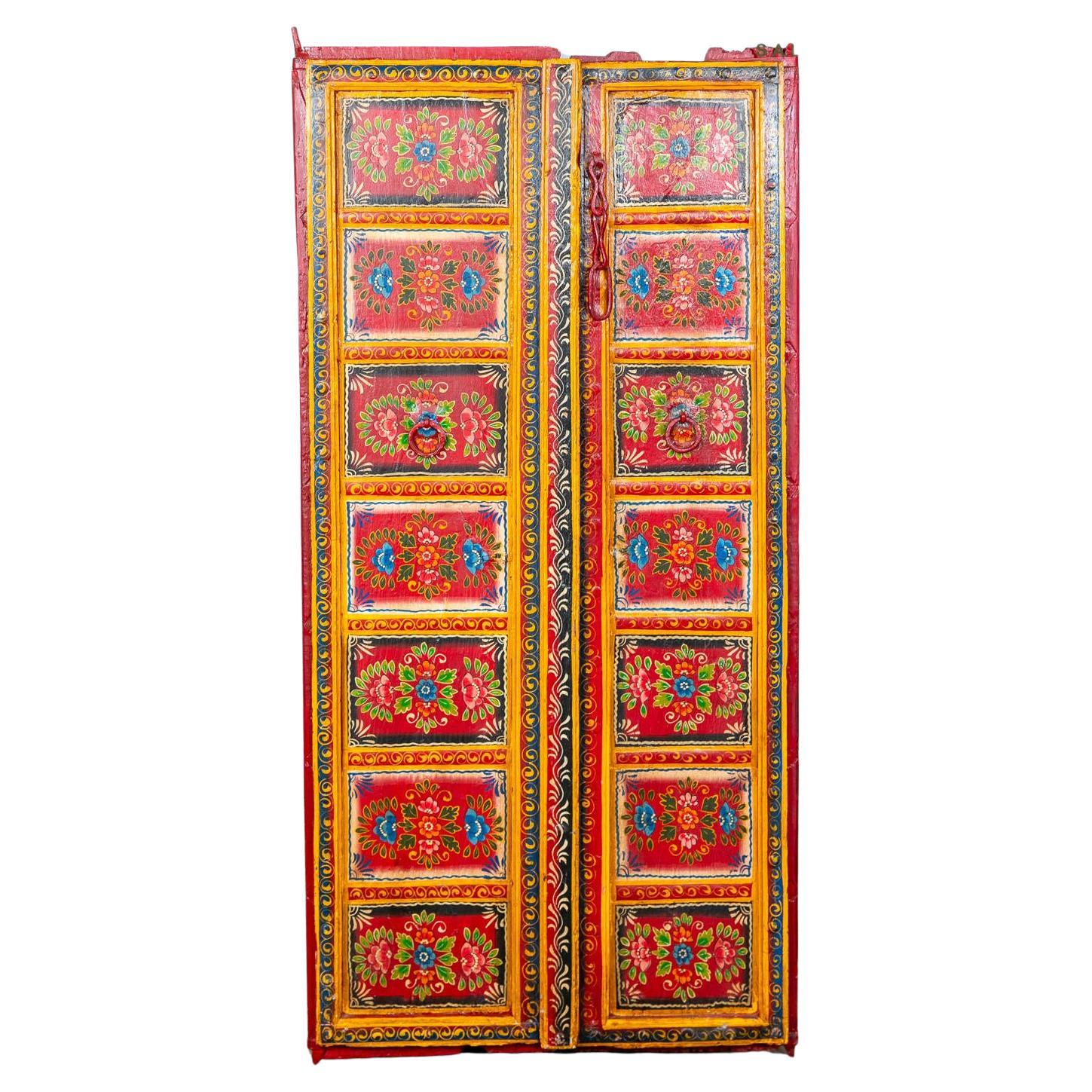 Dipinto a mano, porte indiane in teak, XIX secolo in vendita 6