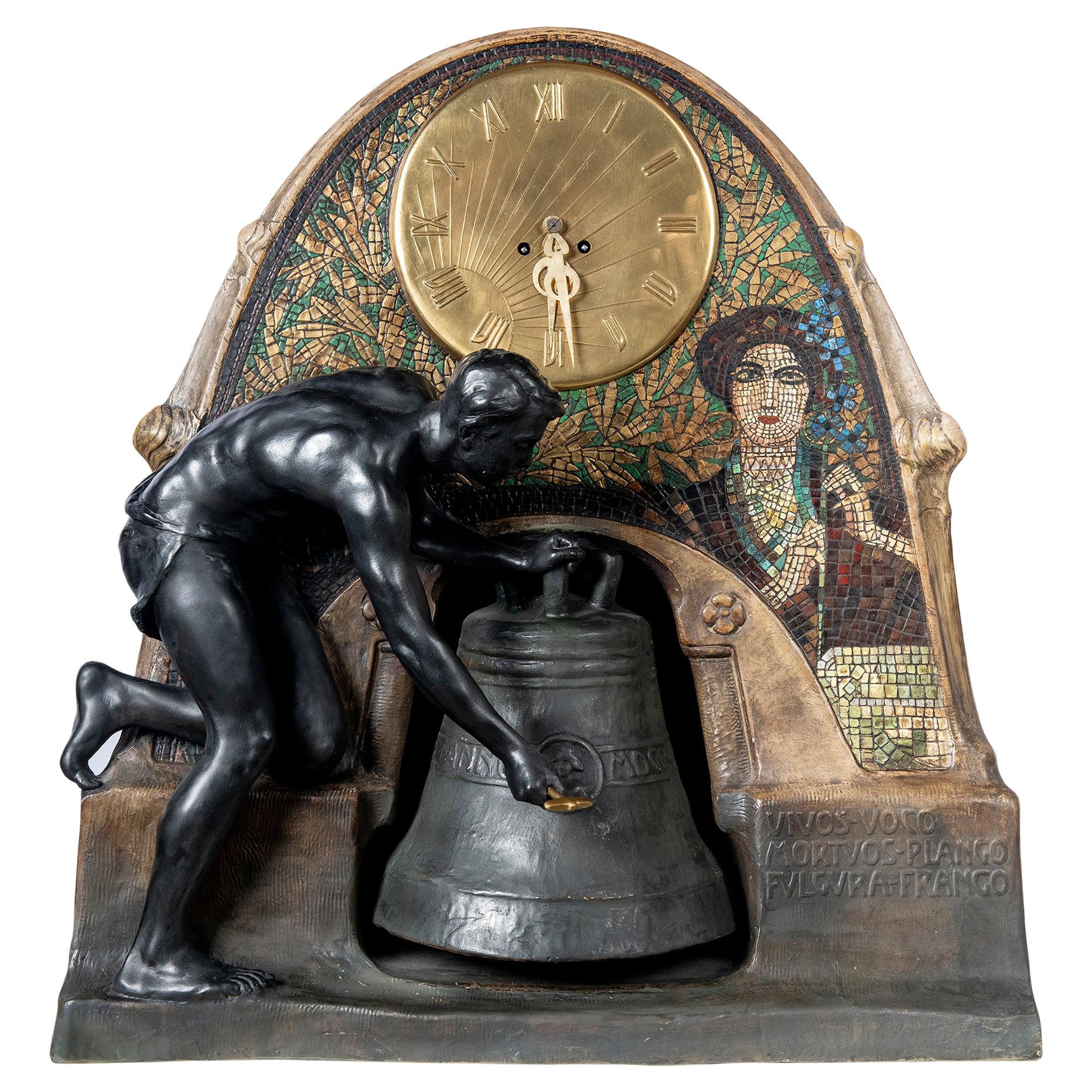 Handbemalte Uhr aus Terrakotta und Bronze von Stanislaw Czapek für Goldscheider