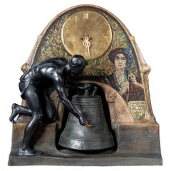 Handbemalte Uhr aus Terrakotta und Bronze von Stanislaw Czapek für Goldscheider