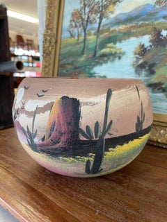 Hand-Painted Terracotta Desert Landscape Pot Marked "Mexico"