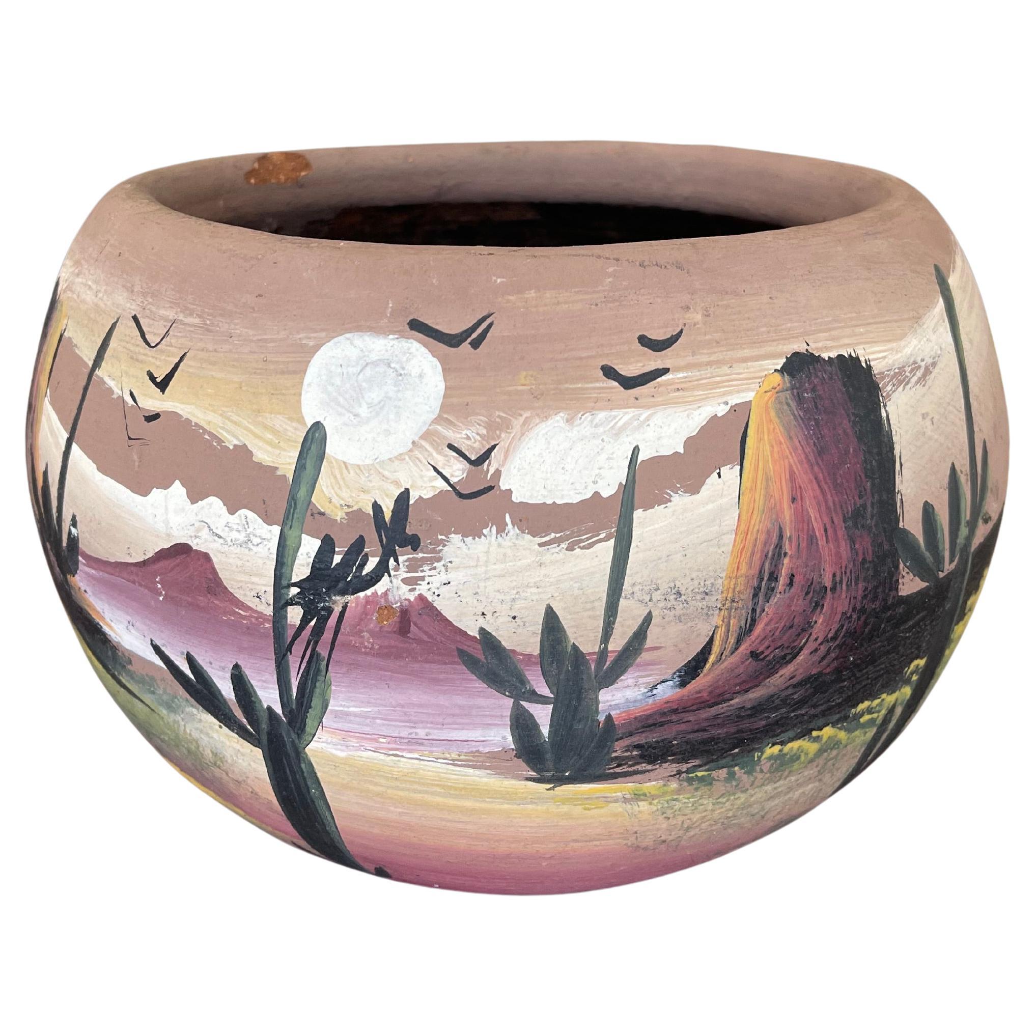 Pot en terre cuite peint à la main, marqué "Mexique", pour le paysage du désert en vente