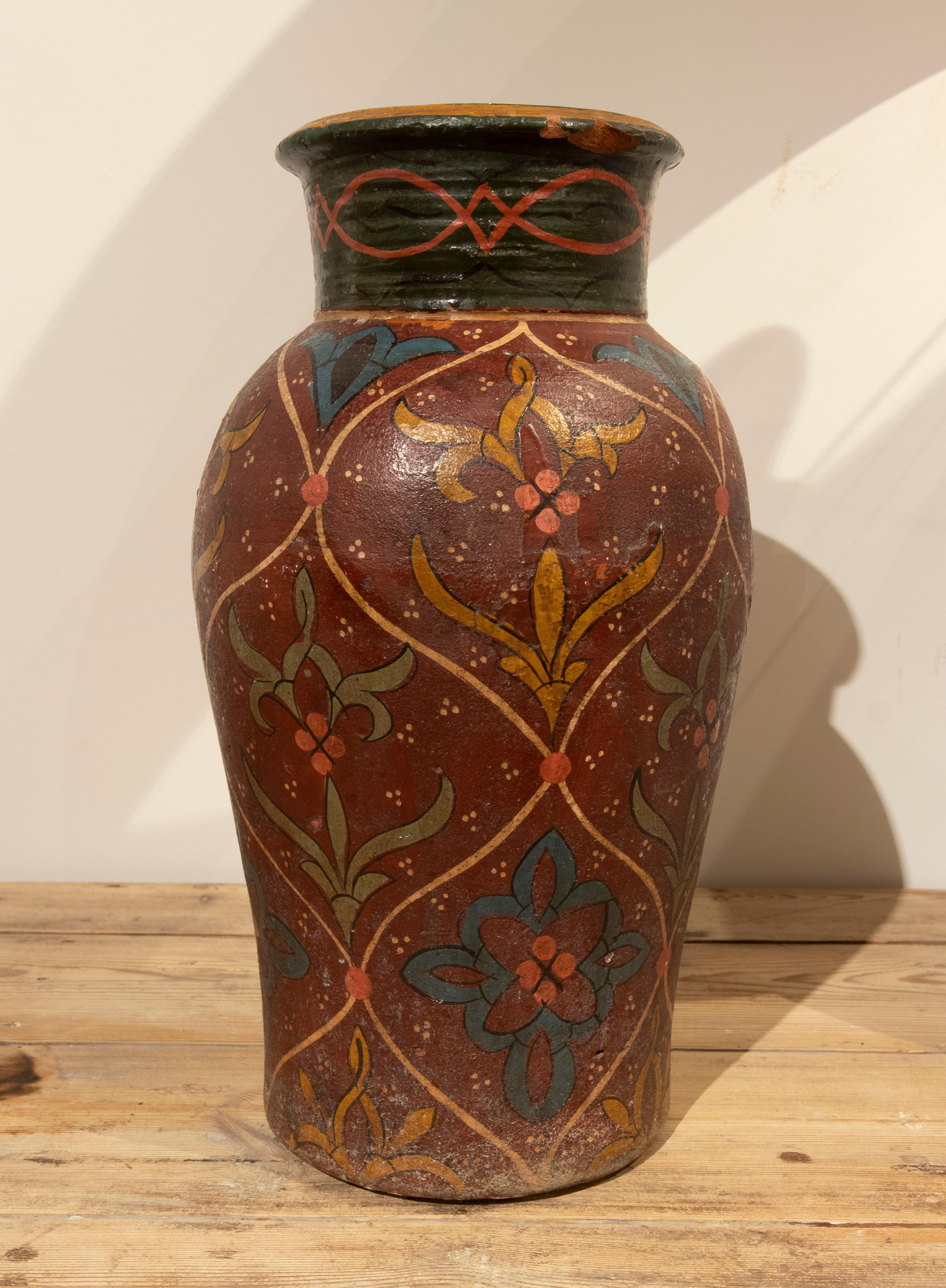 Spanish Hand-Painted Terracotta Vase with Flower Decoration For Sale