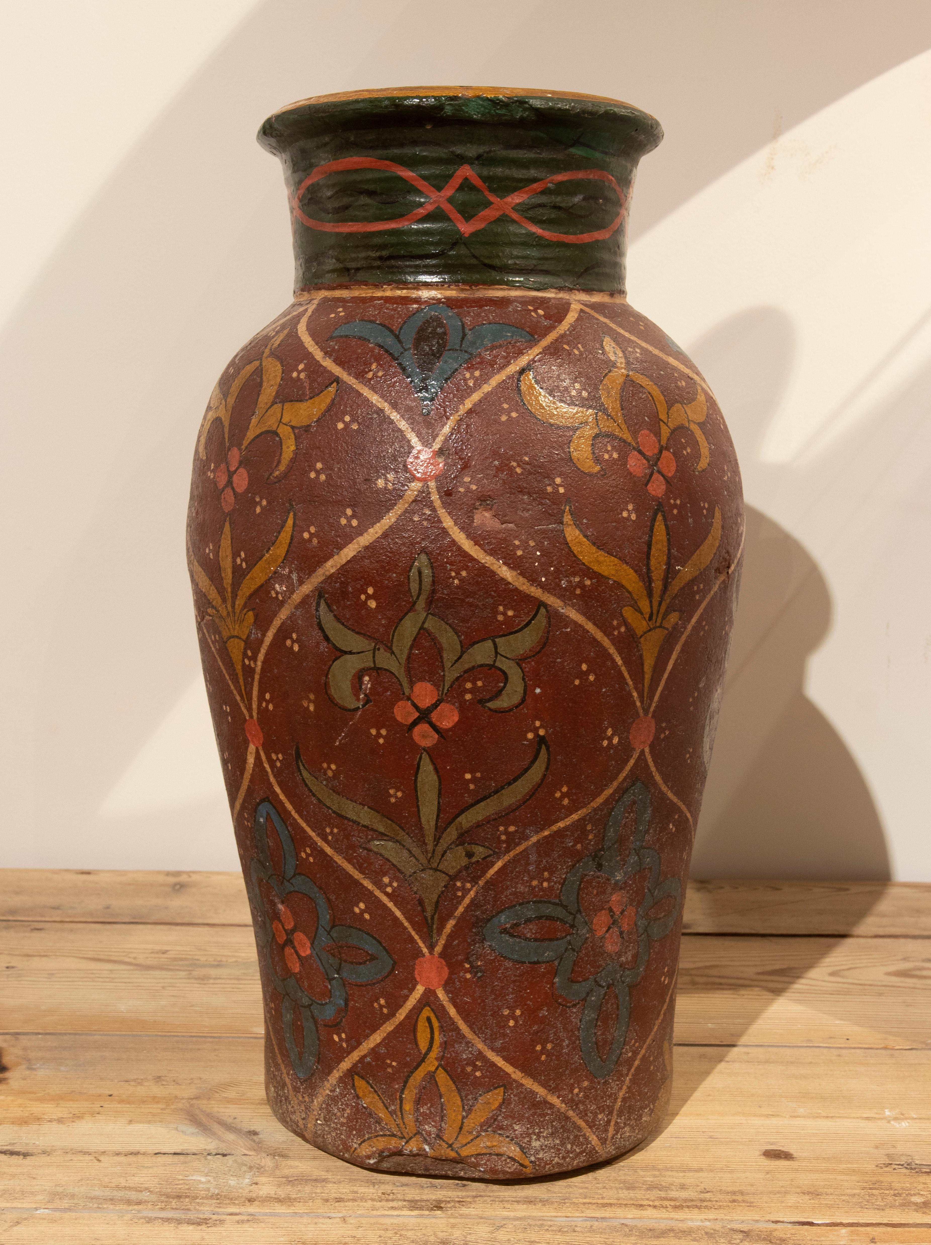 Ceramic Hand-Painted Terracotta Vase with Flower Decoration For Sale