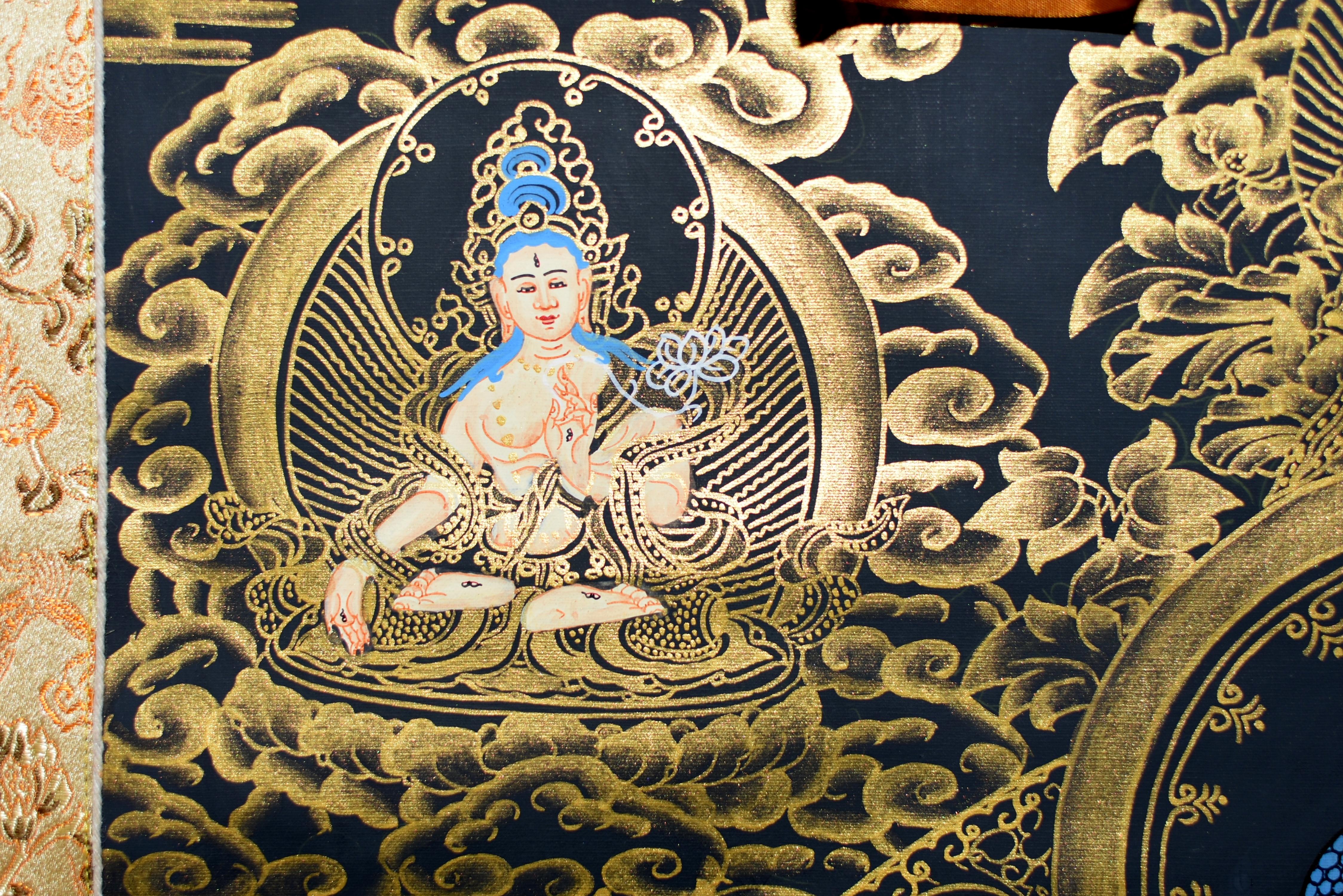 Hand Painted Tibetan Thangka Painting Buddha Shakyamuni White Gold  For Sale 5