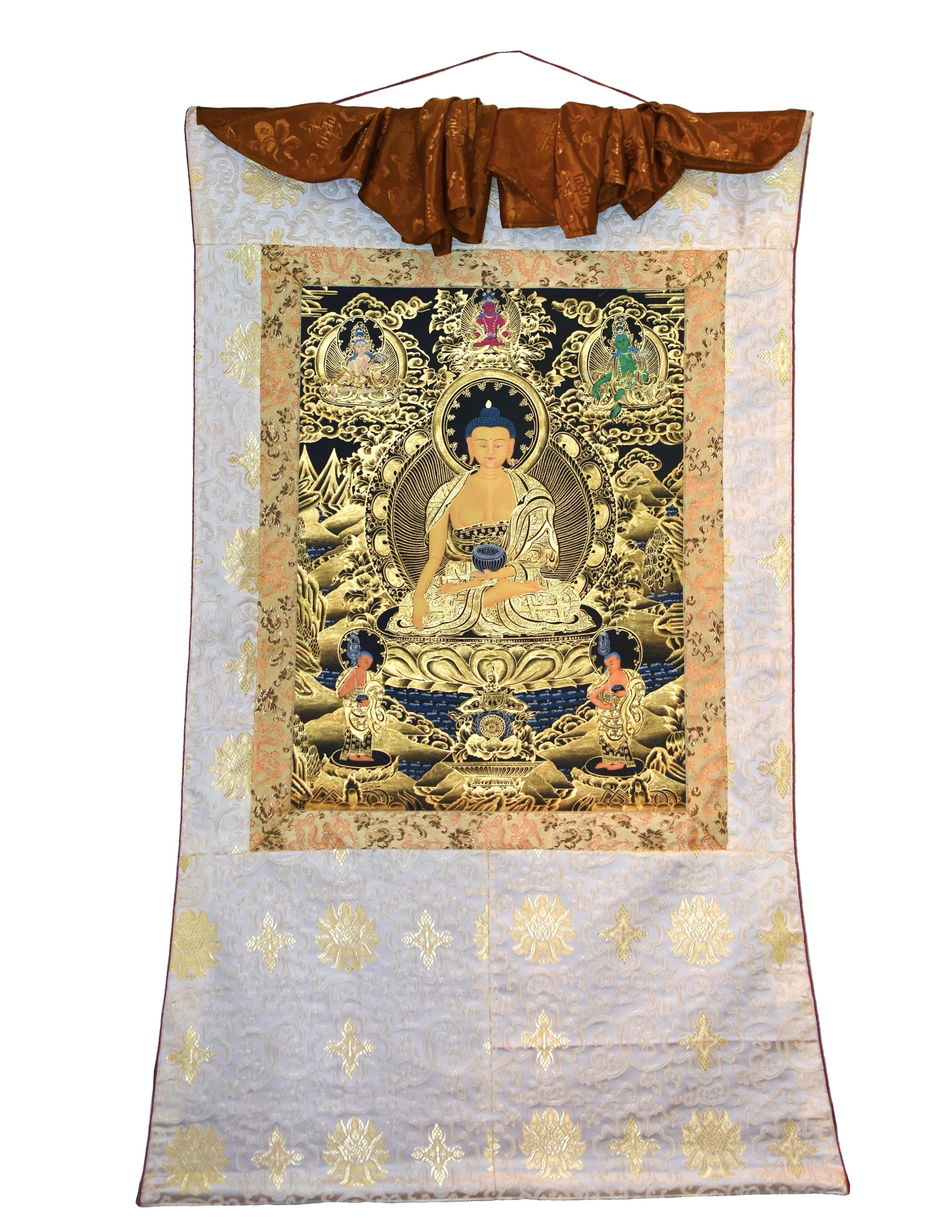 Hand Painted Tibetan Thangka Painting Buddha Shakyamuni White Gold  For Sale 7