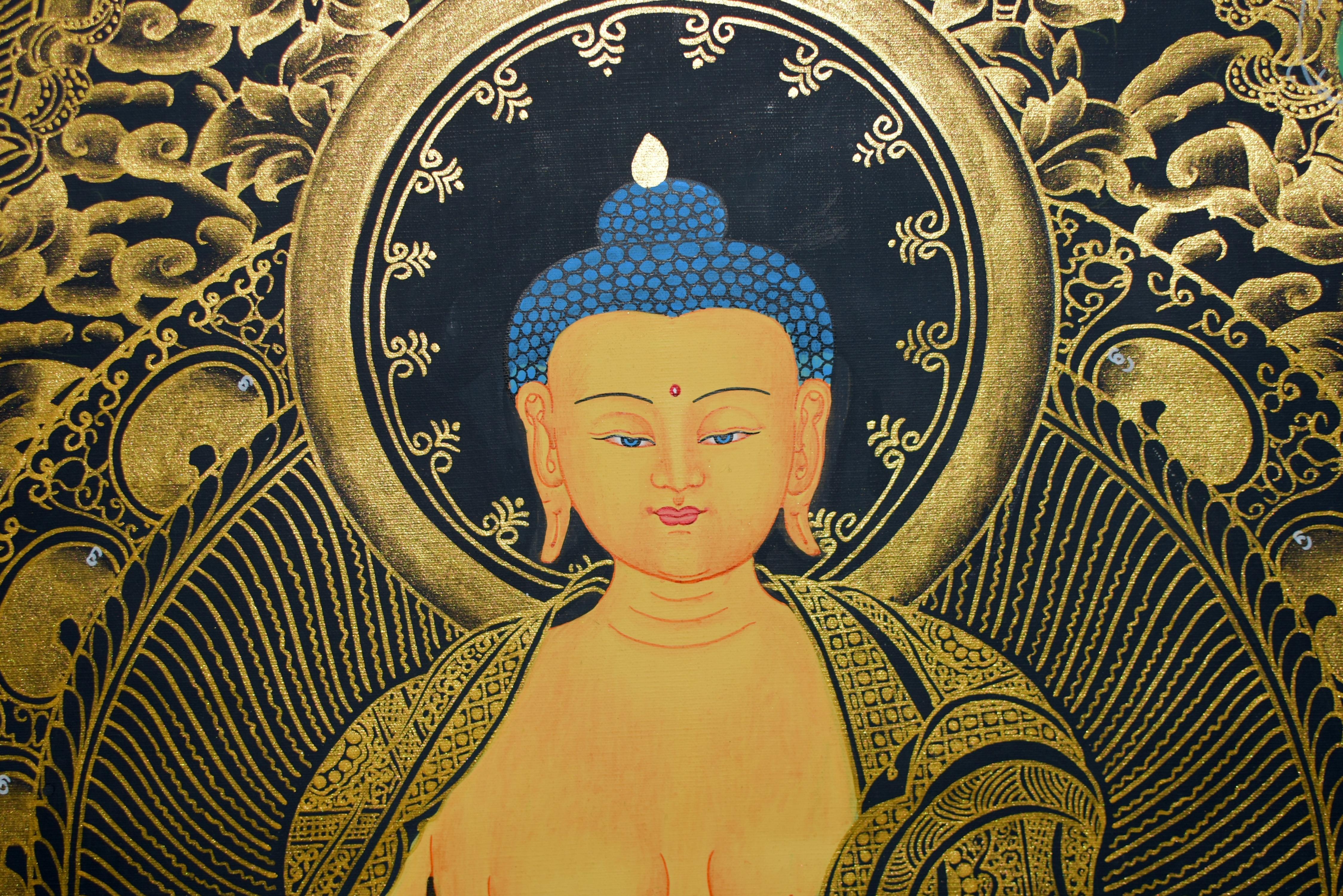 Handbemaltes tibetisches Thangka-Gemälde Buddha Shakyamuni, Weißgold  (Tibetisch) im Angebot