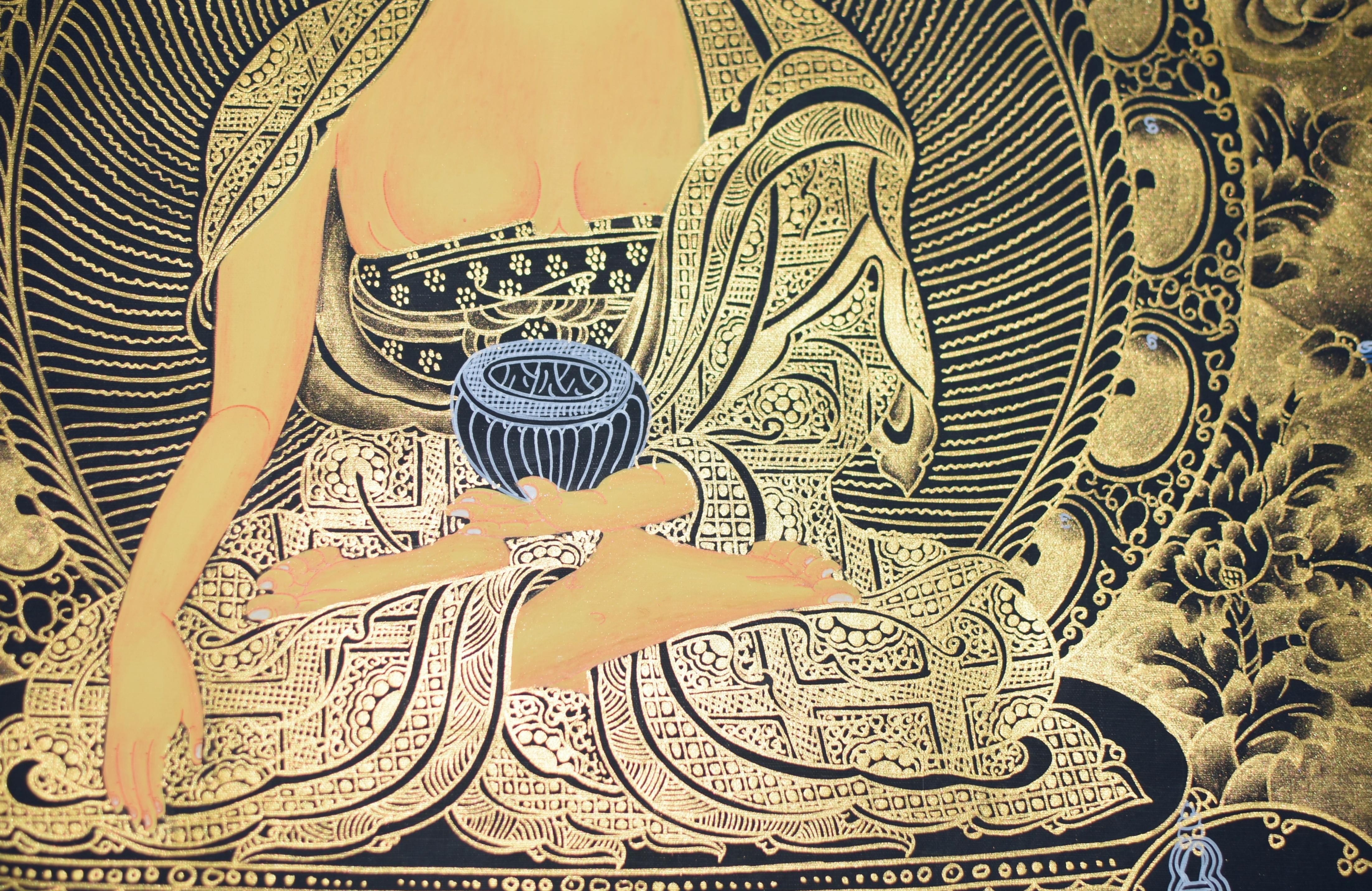 Hand-Painted Hand Painted Tibetan Thangka Painting Buddha Shakyamuni White Gold  For Sale