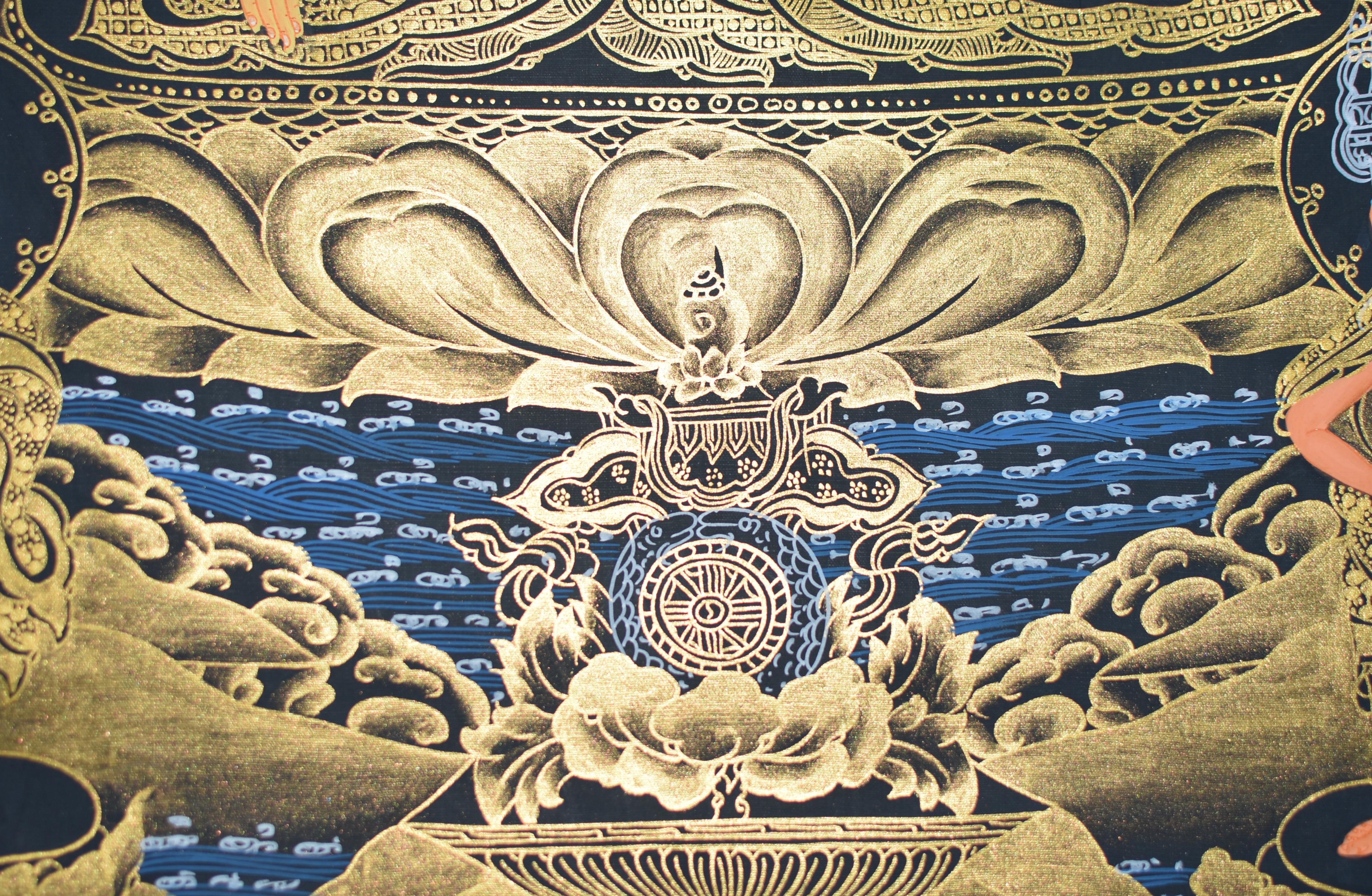 Hand Painted Tibetan Thangka Painting Buddha Shakyamuni White Gold  In Excellent Condition For Sale In Somis, CA