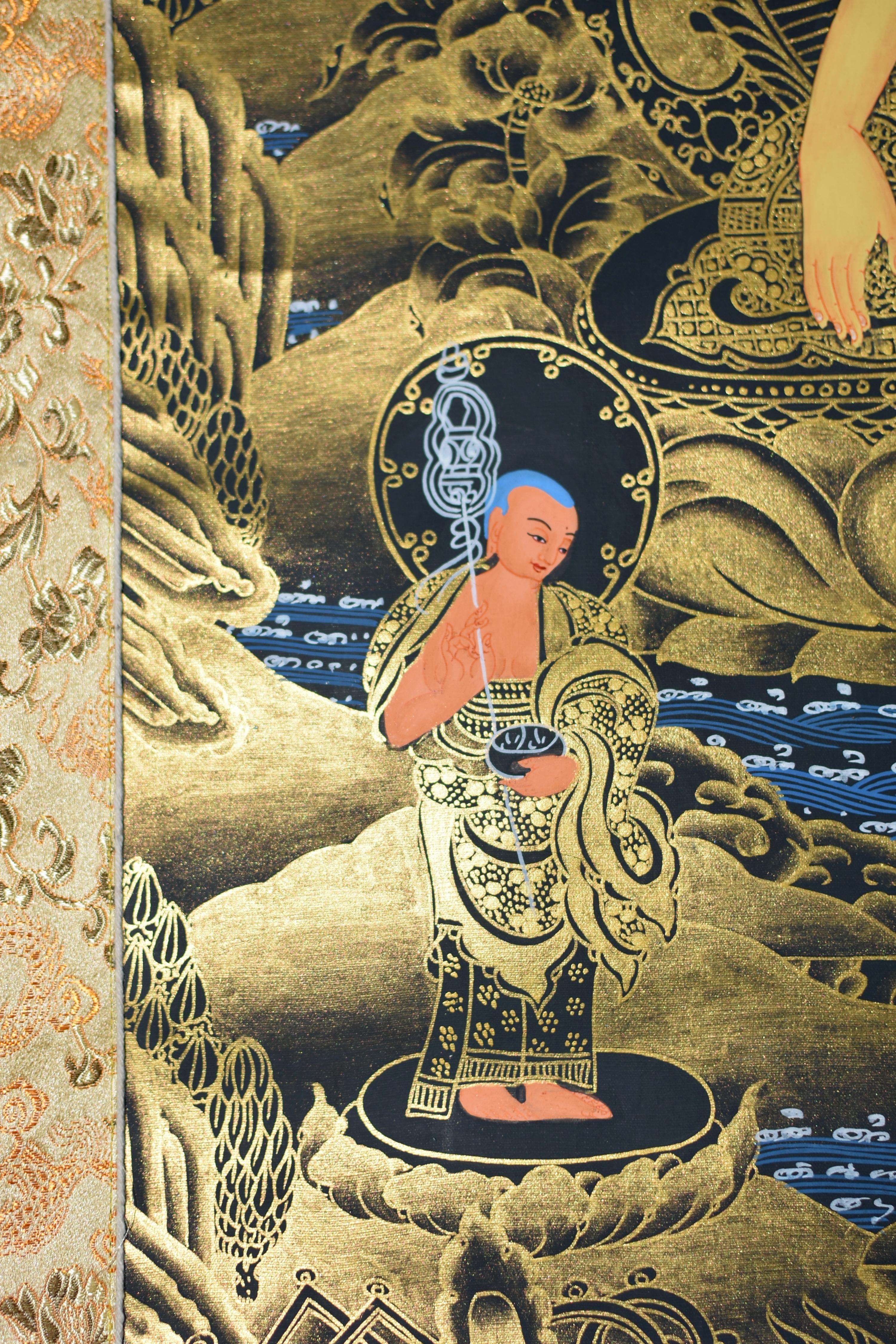Contemporary Hand Painted Tibetan Thangka Painting Buddha Shakyamuni White Gold  For Sale