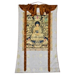 Handbemaltes tibetisches Thangka-Gemälde Buddha Shakyamuni, Weißgold 