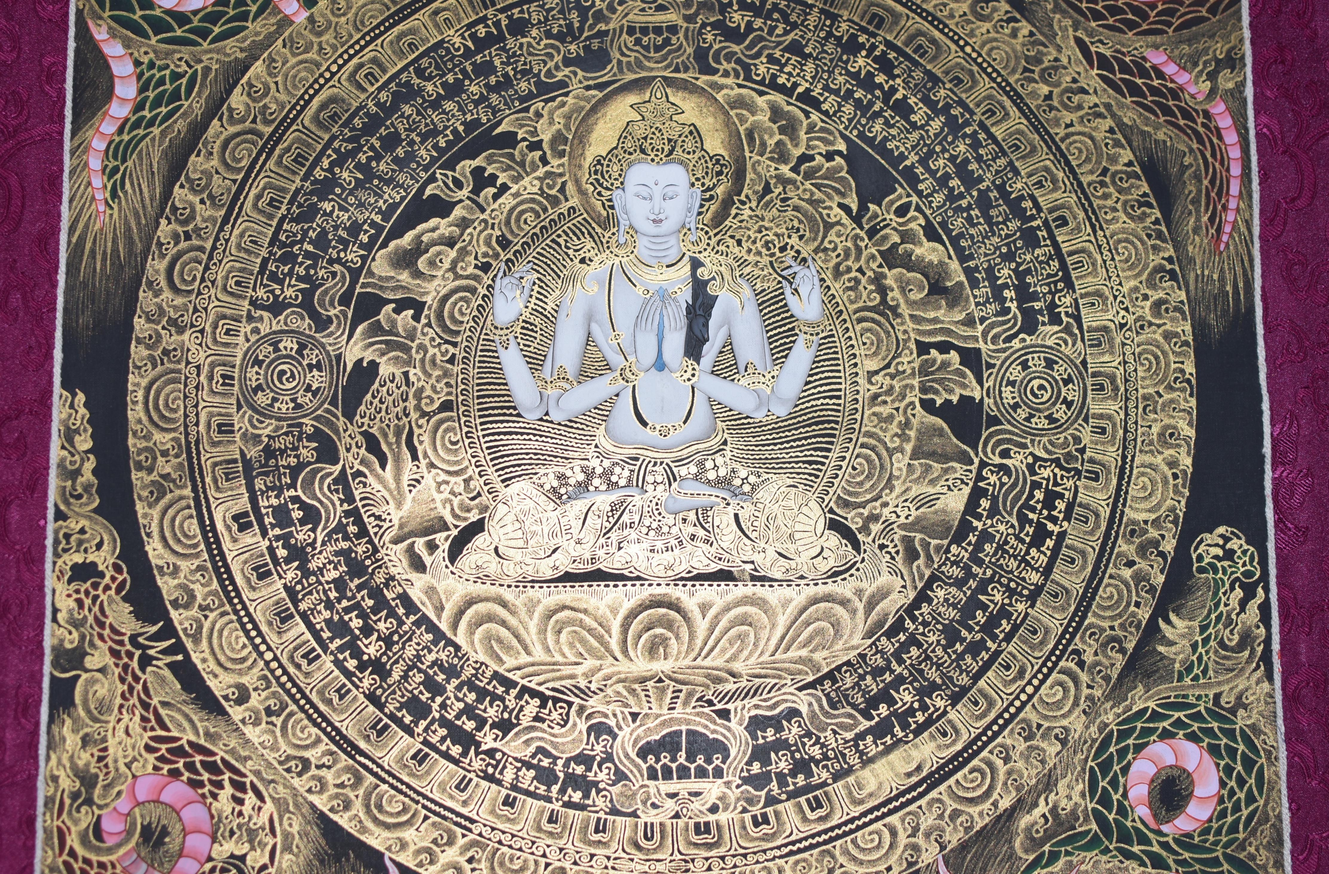 Hand Painted Thangka Tibetan Compassion Chenrezig Avalokitesvara Mandala  For Sale 5