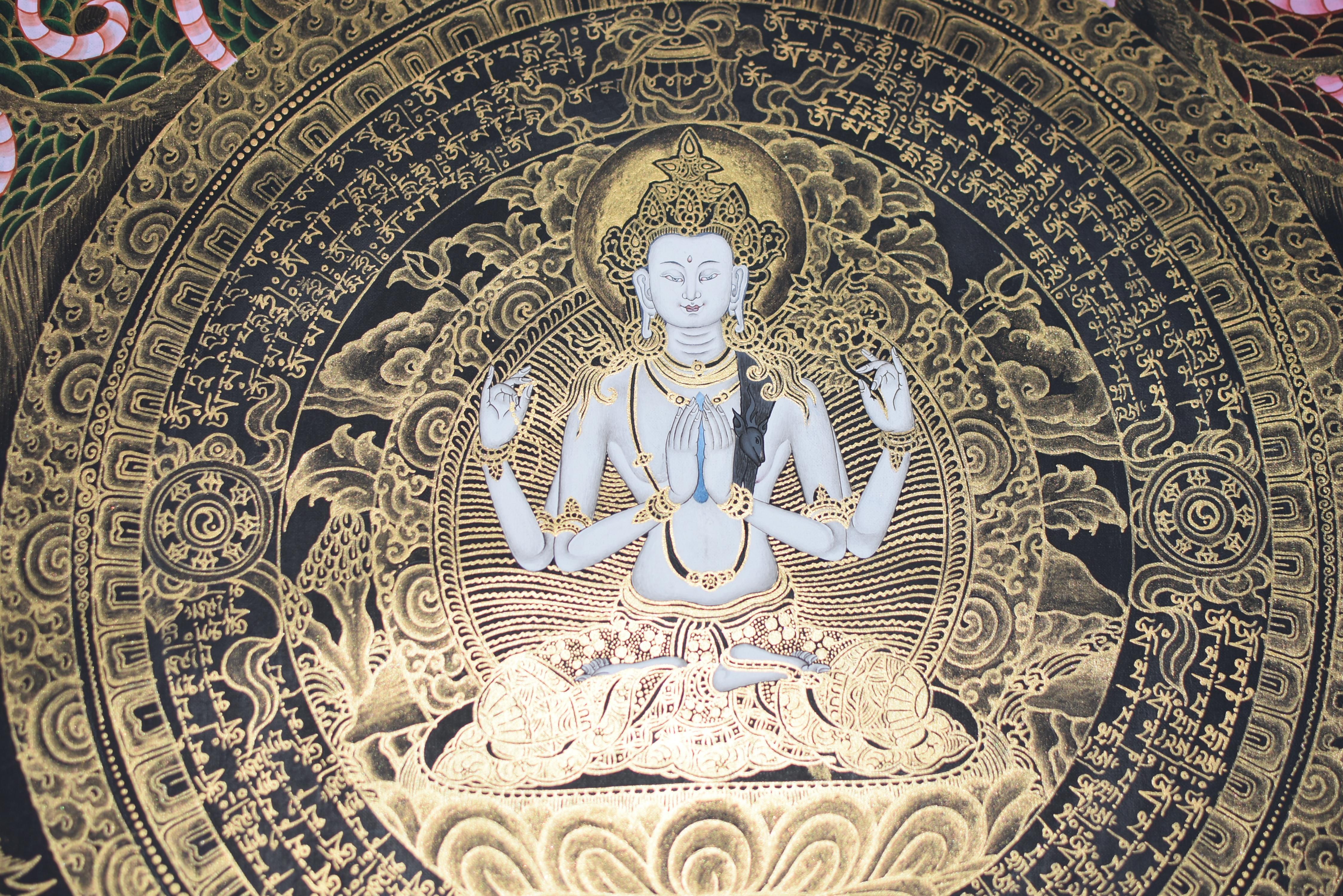 Hand Painted Thangka Tibetan Compassion Chenrezig Avalokitesvara Mandala  For Sale 6