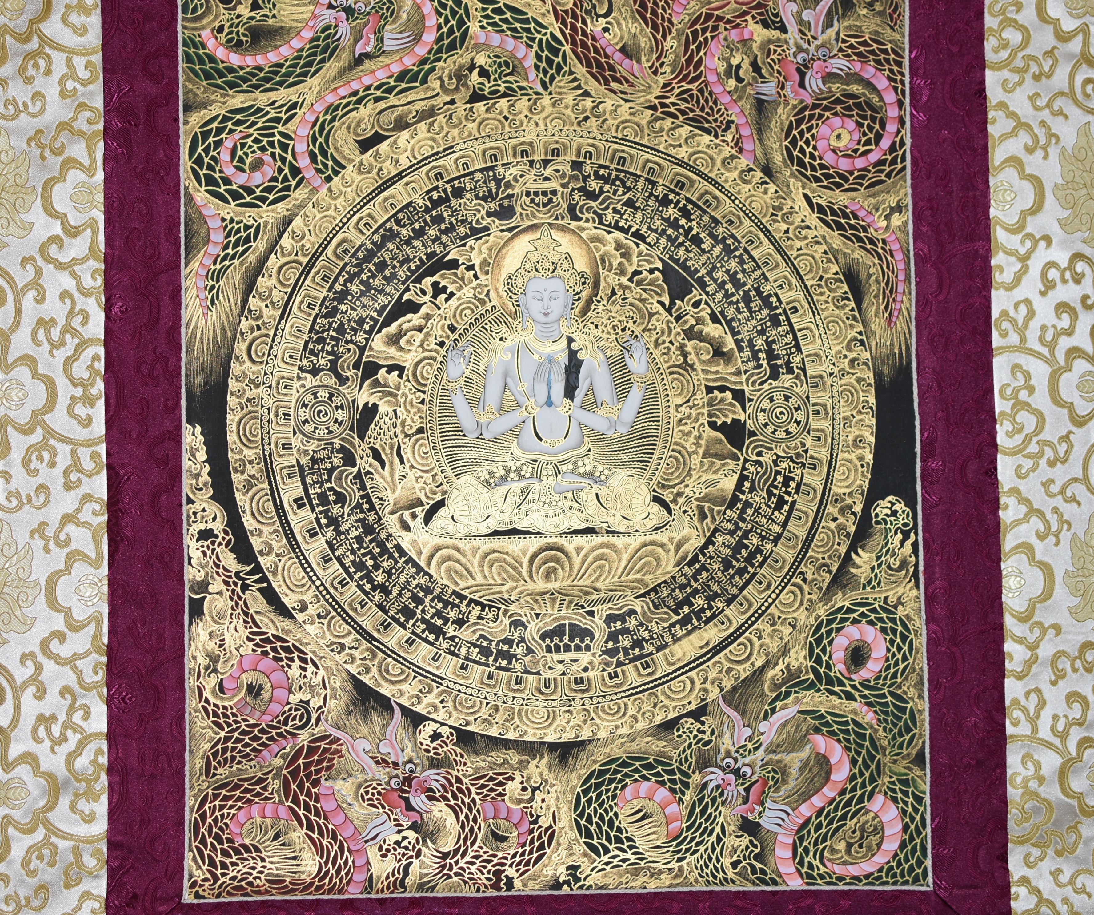 Handbemalte Thangka Tibetische Compassion Chenrezig Avalokitesvara Mandala  im Angebot 9