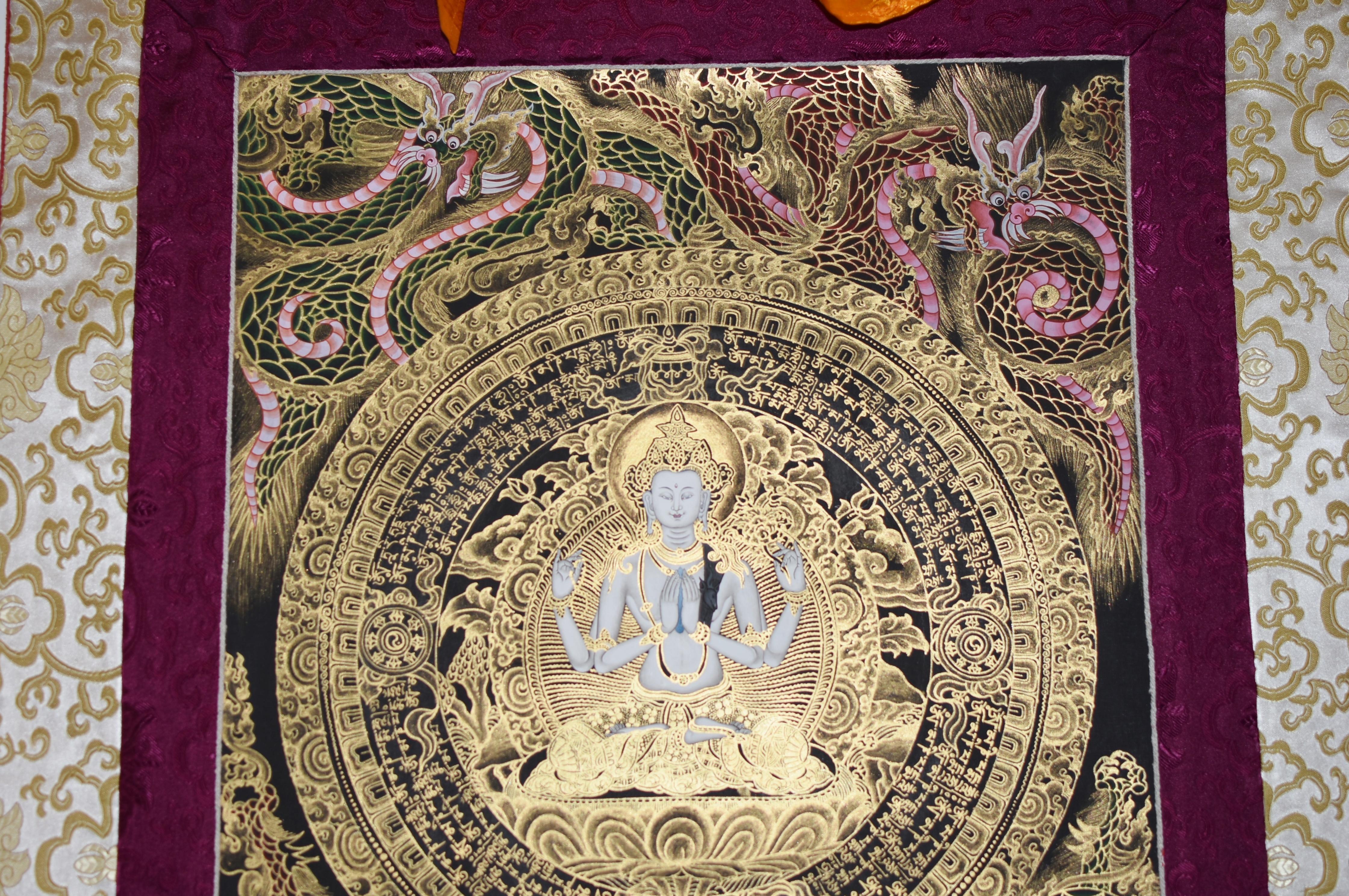 Handbemalte Thangka Tibetische Compassion Chenrezig Avalokitesvara Mandala  im Angebot 10