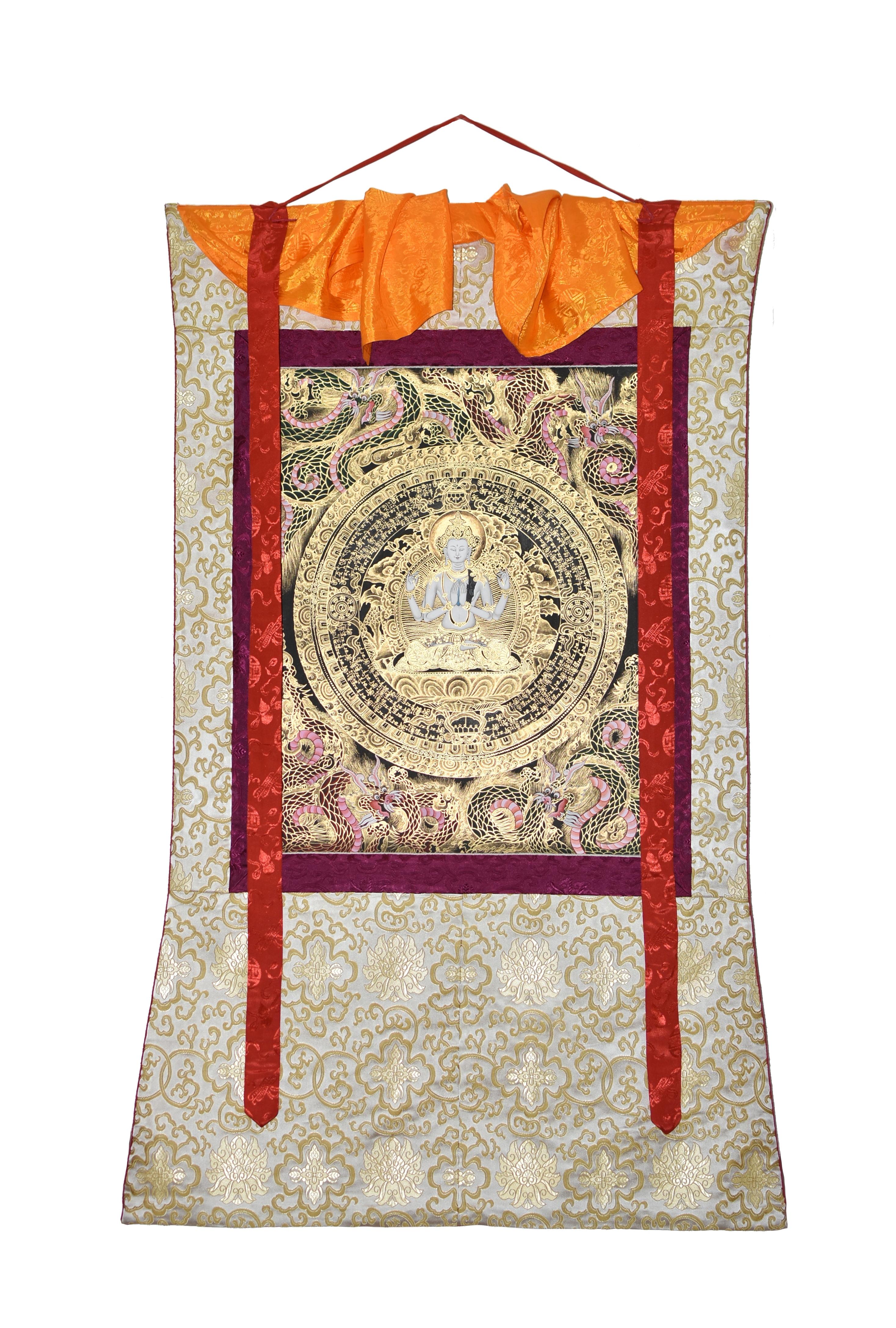 A very finely painted, rare Tibetan Thangka featuring the God of Compassion Chenrezig, the male form of Avalokitesvara and Guan Yin in Chinese Buddhism. Seated regally dhyana asana on the lotus throne in the center of the mandala, Chenrezig is