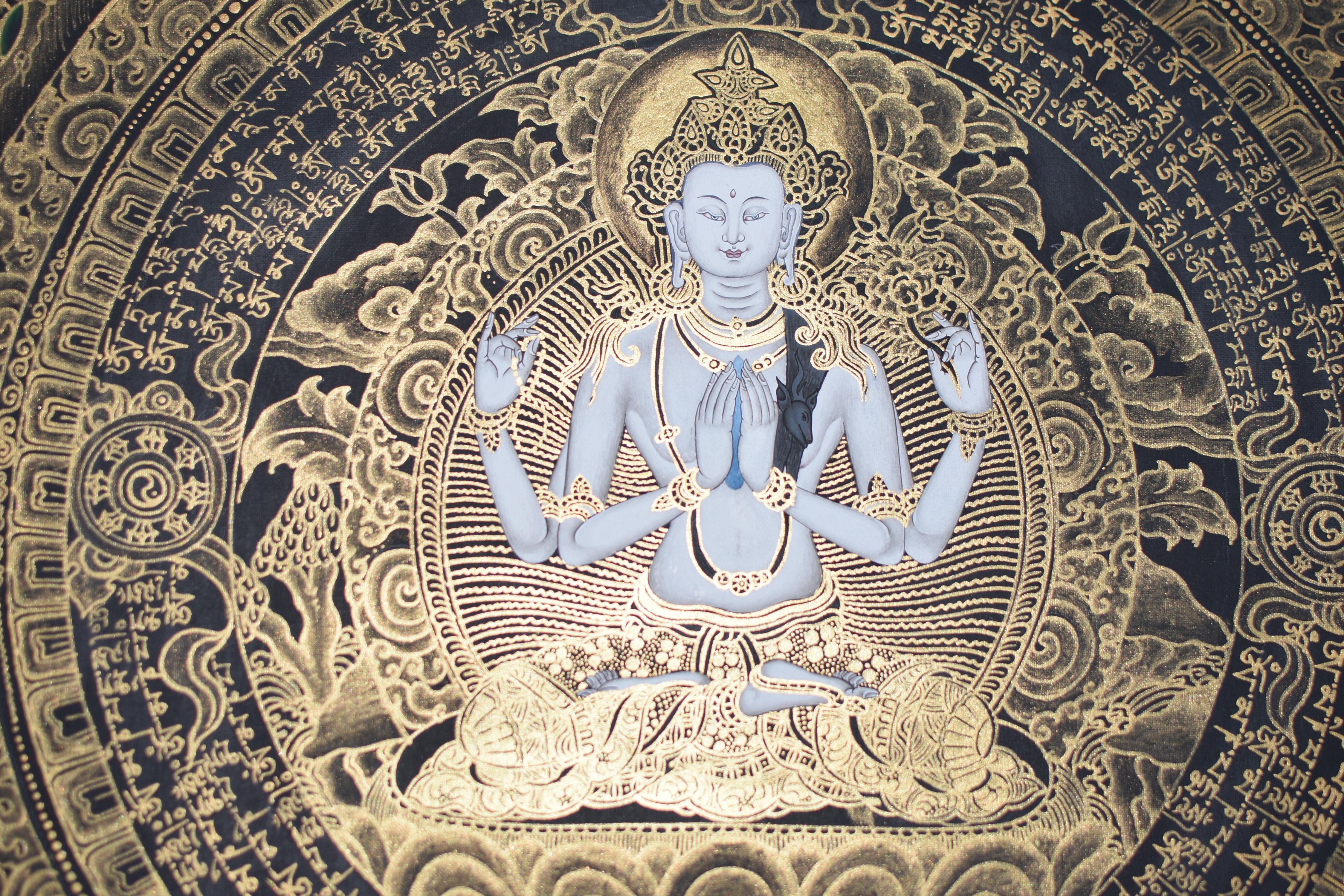 Handbemalte Thangka Tibetische Compassion Chenrezig Avalokitesvara Mandala  (Nepalesisch) im Angebot