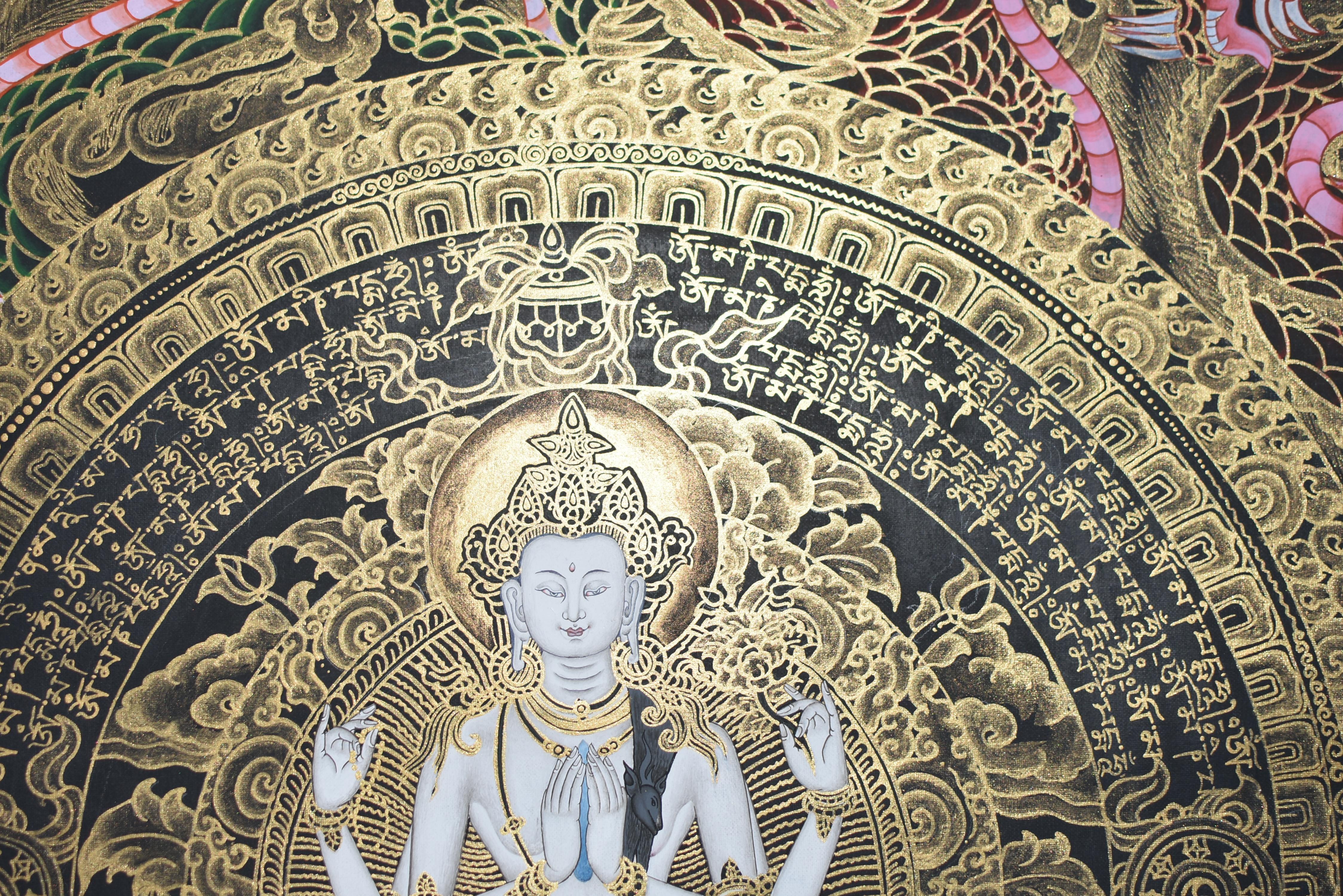 Handbemalte Thangka Tibetische Compassion Chenrezig Avalokitesvara Mandala  (Brokat) im Angebot