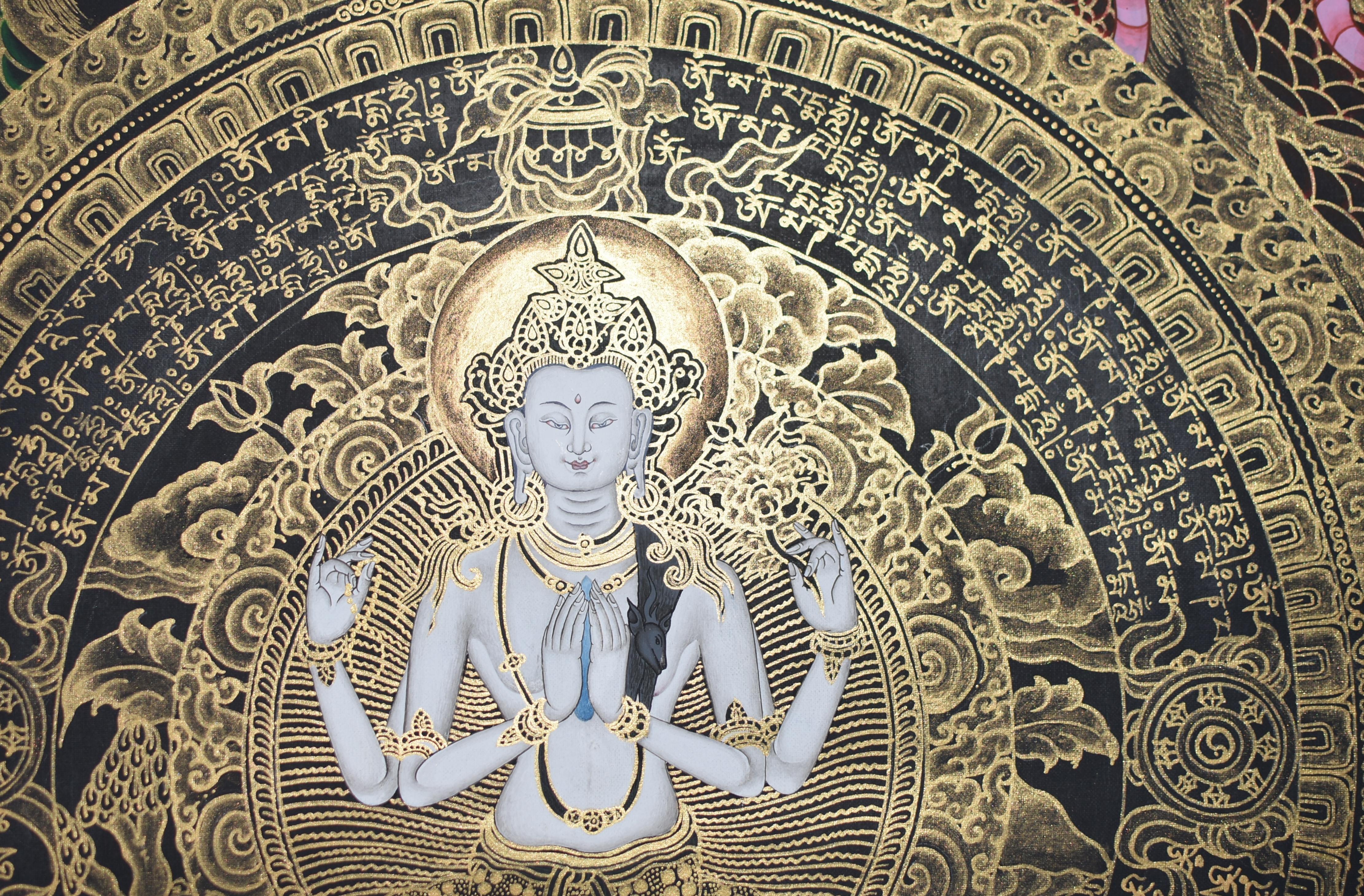 Handbemalte Thangka Tibetische Compassion Chenrezig Avalokitesvara Mandala  im Angebot 1
