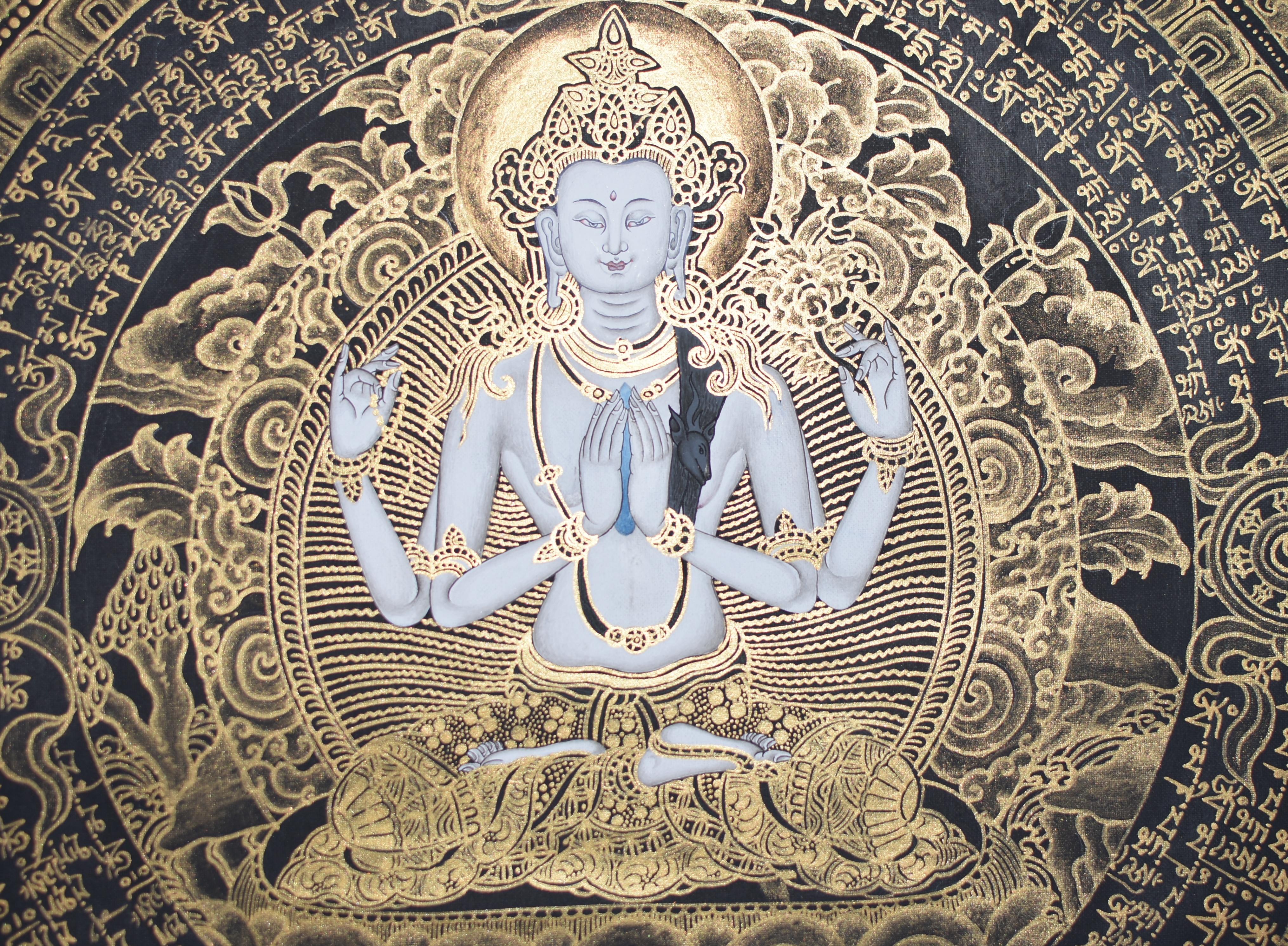 Handbemalte Thangka Tibetische Compassion Chenrezig Avalokitesvara Mandala  im Angebot 2