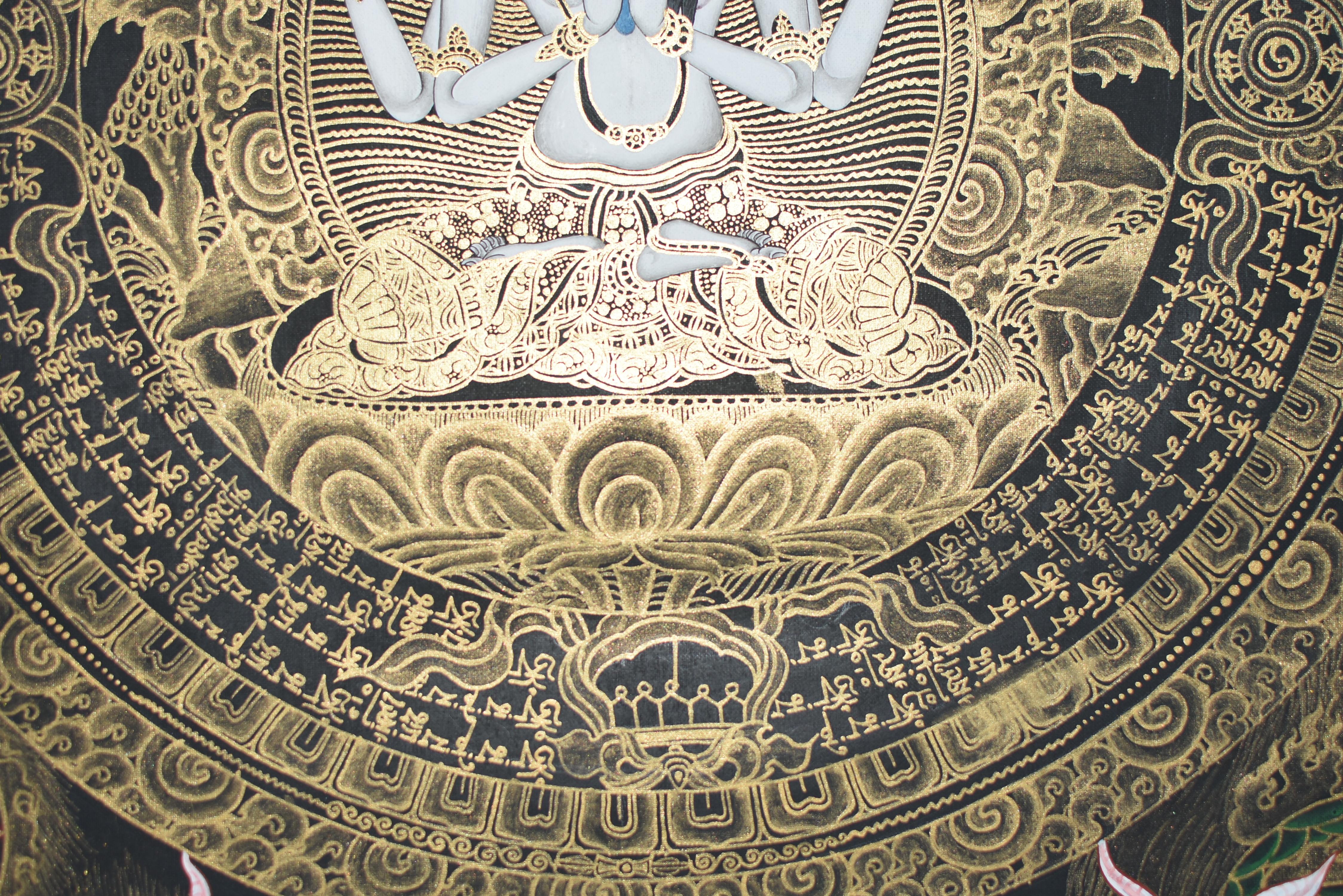 Hand Painted Thangka Tibetan Compassion Chenrezig Avalokitesvara Mandala  For Sale 1